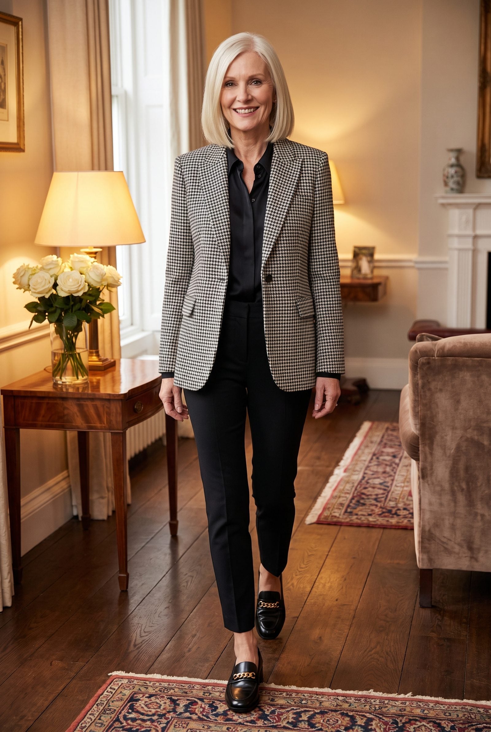 Chain-Trim Loafers Under a Houndstooth Blazer and Slim Black Trousers