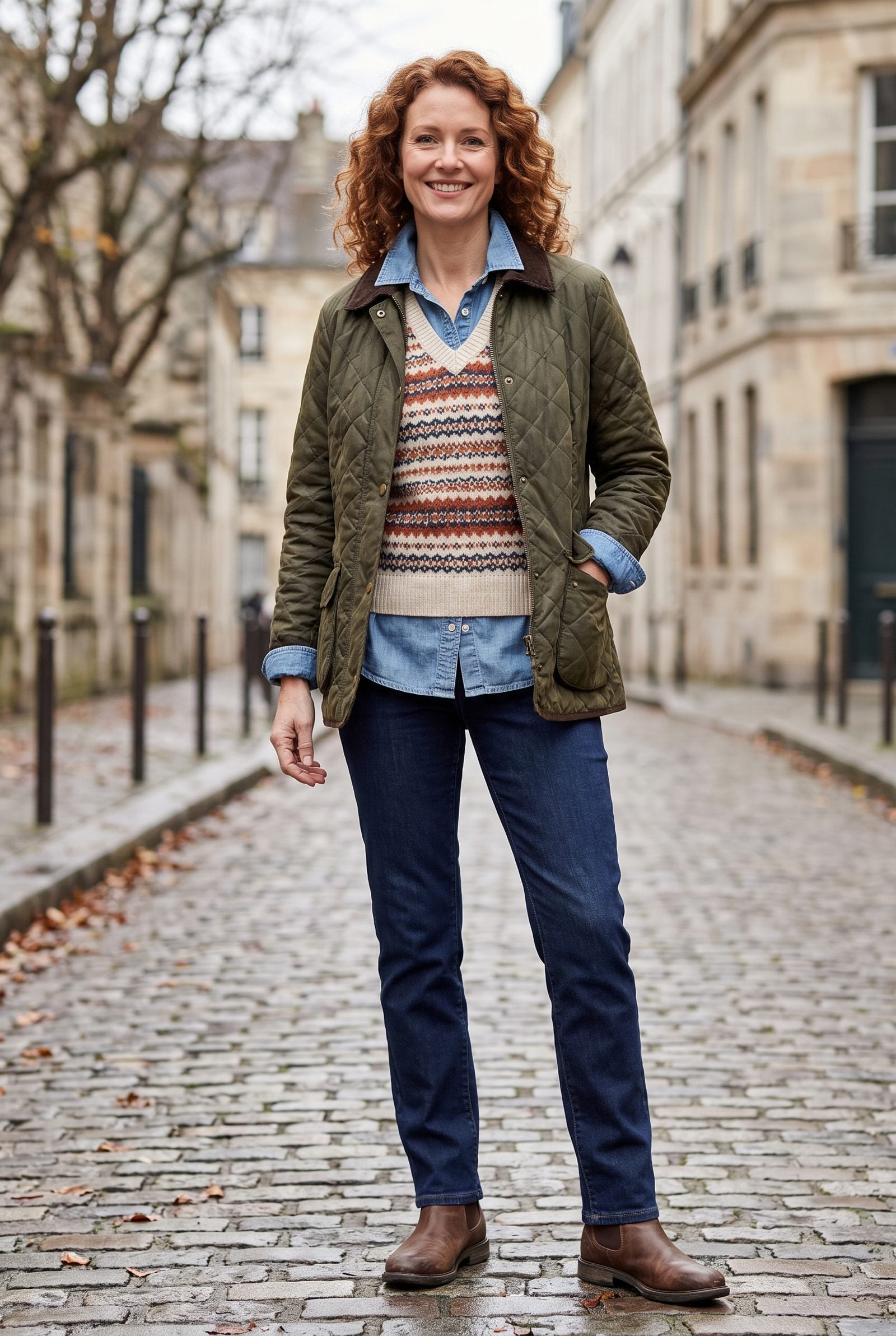Chambray Shirt + Fair Isle Vest + Quilted Barn Jacket
