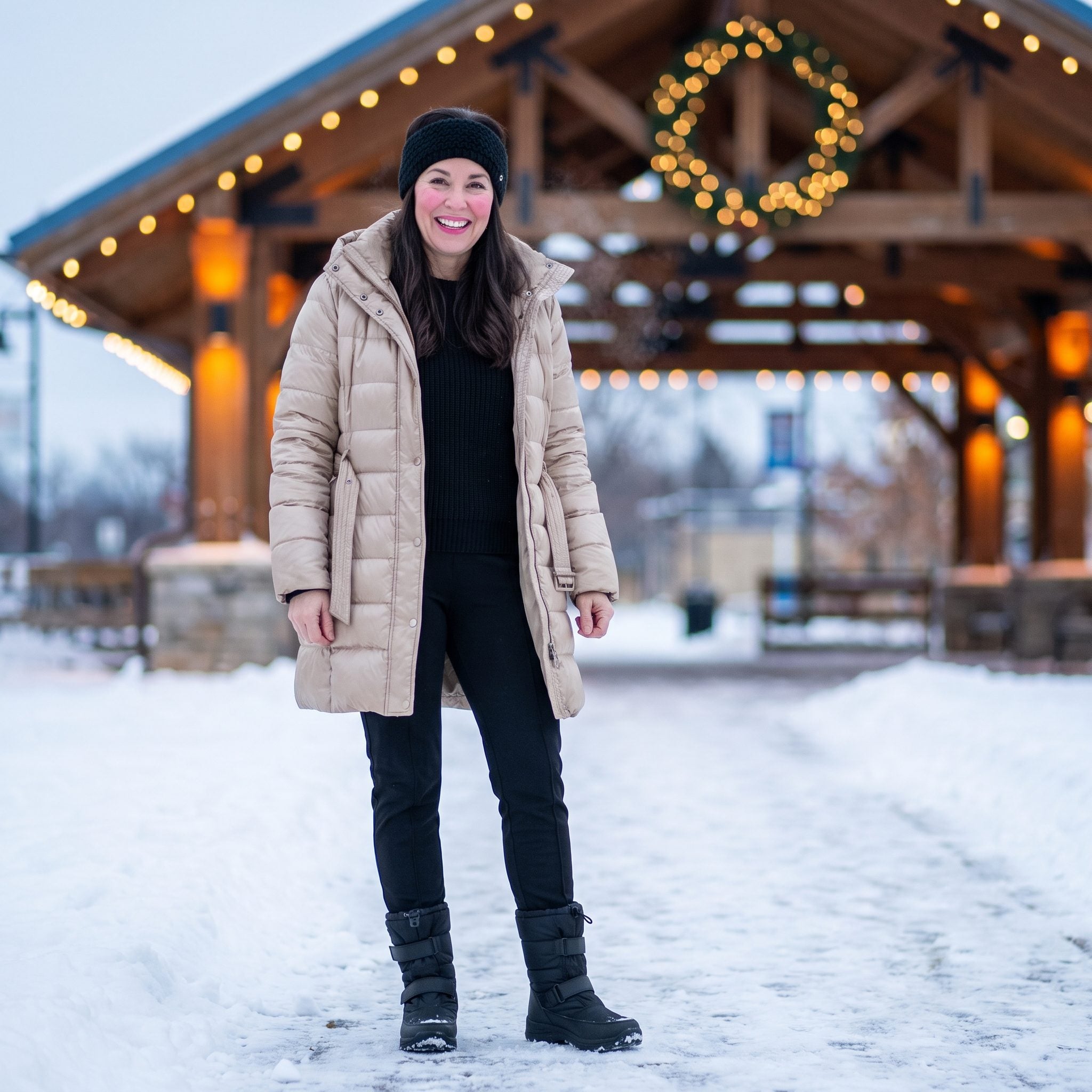 Champagne long puffer coat with black stirrup trousers and winter boots
