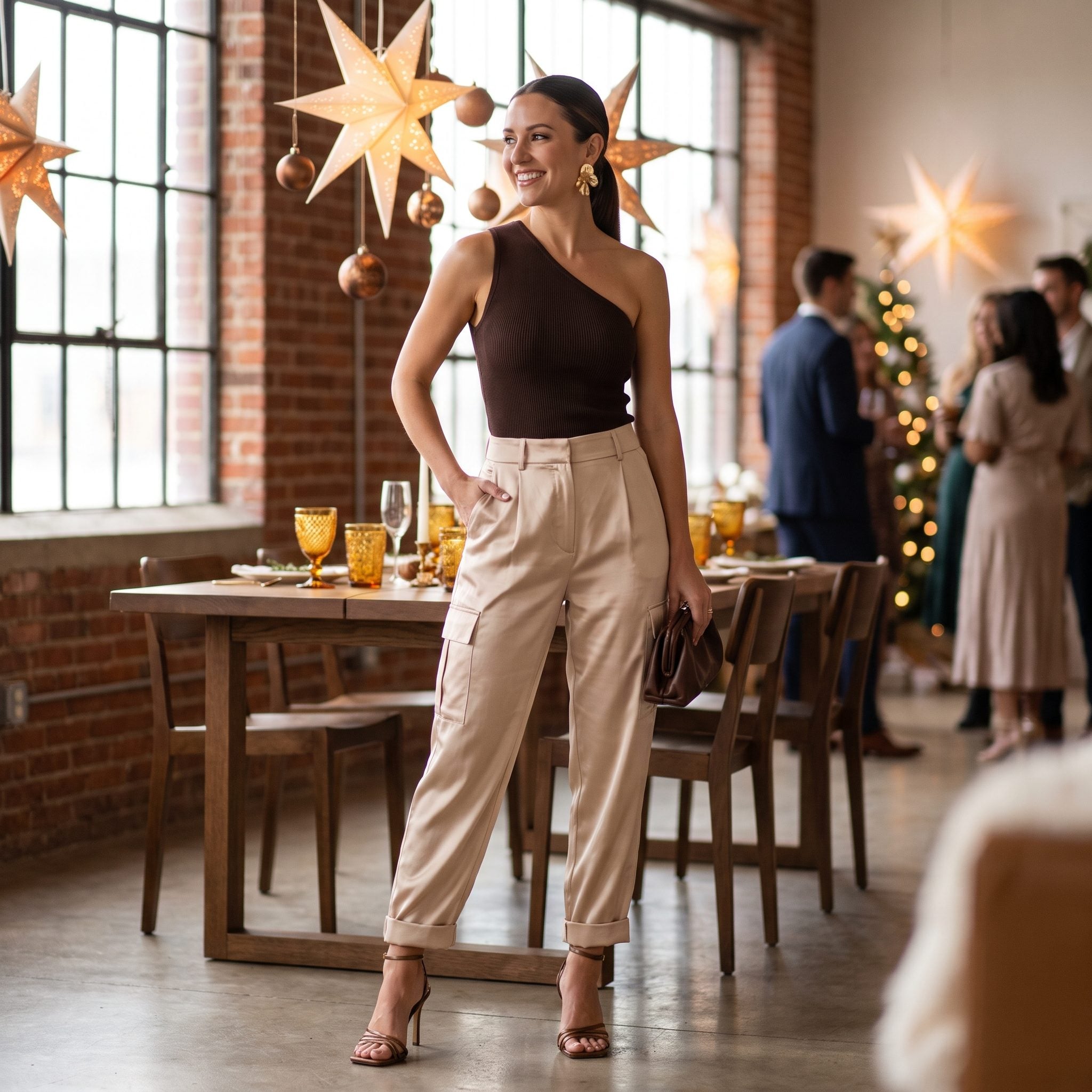 Champagne satin cargo trousers styled with a dark espresso one-shoulder knit