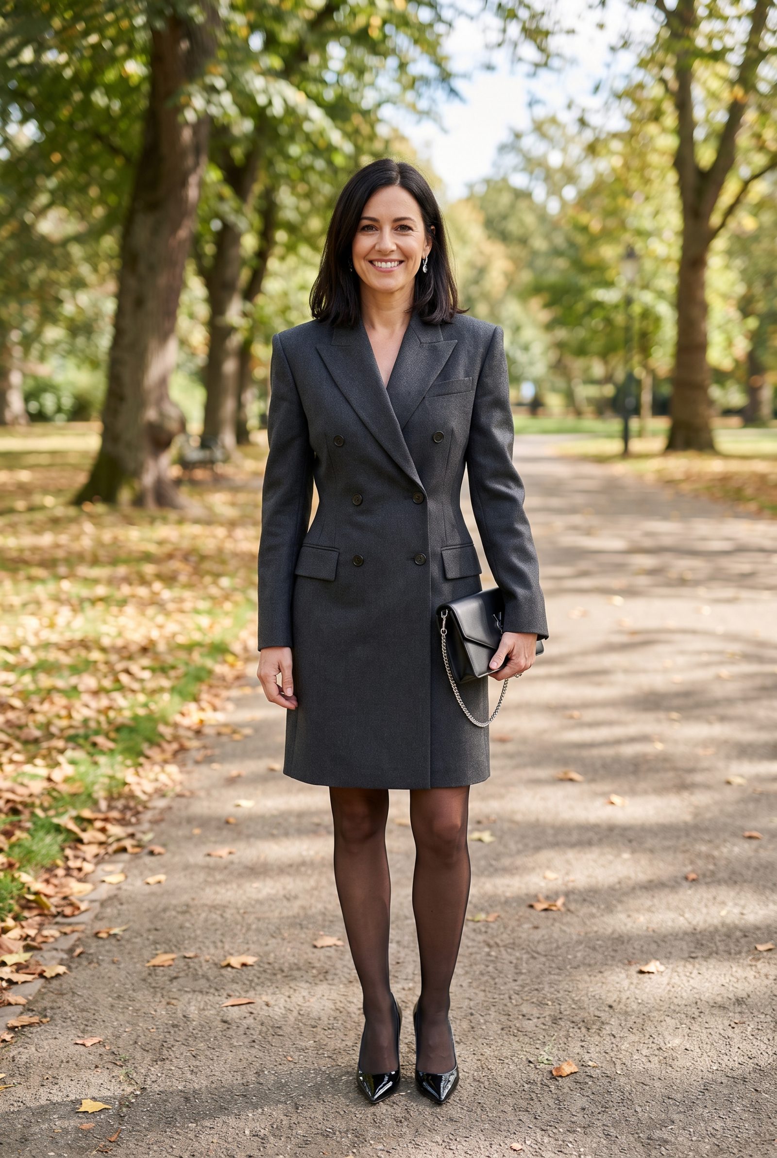 Charcoal Blazer Dress With Sheer Tights