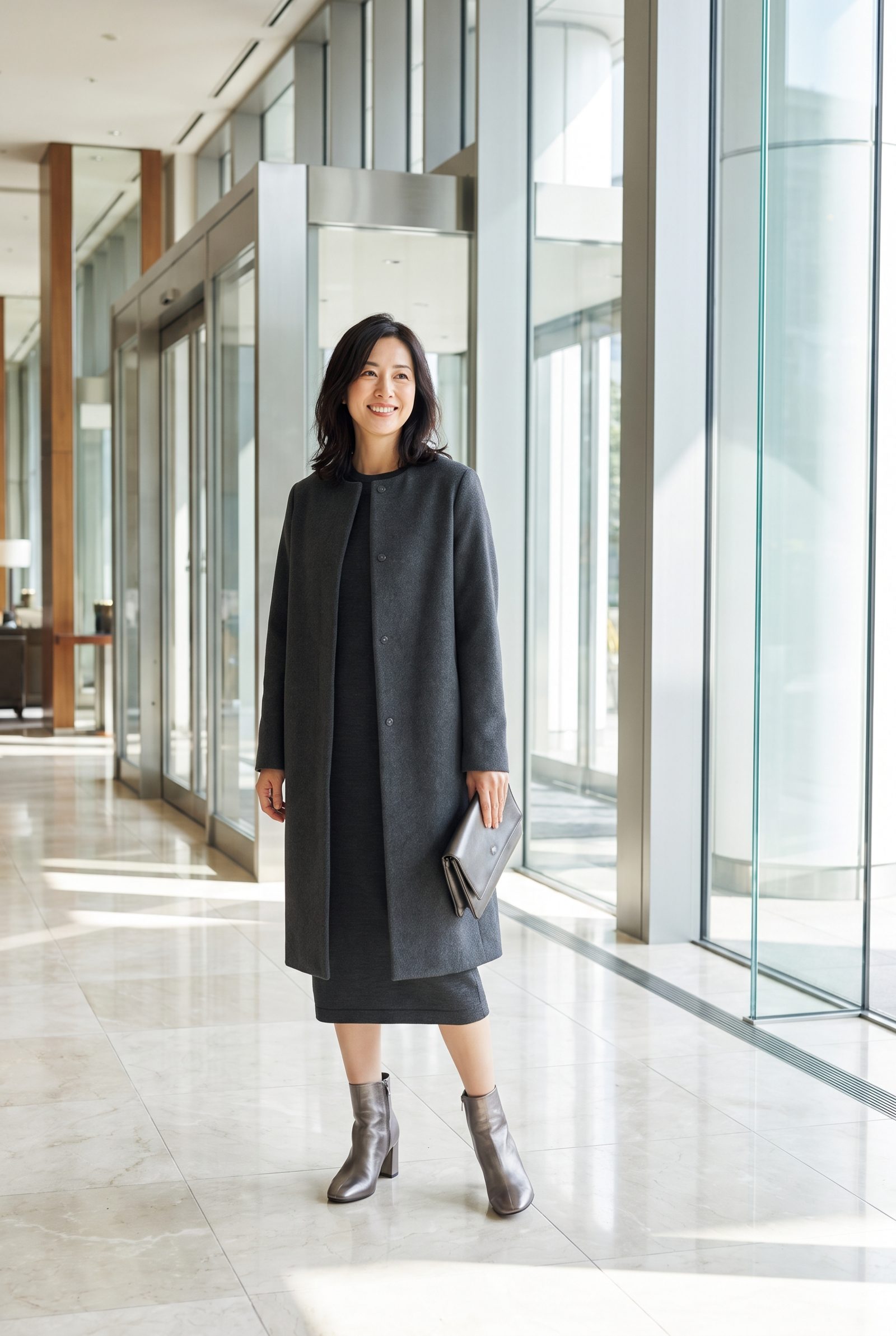 Charcoal Collarless Coat + Metallic Pewter Boots