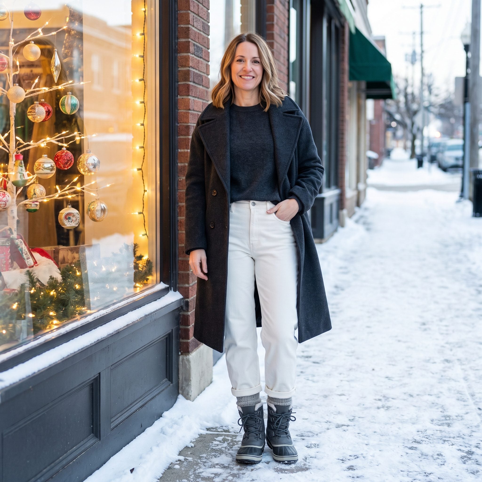 Charcoal draped coat with winter-white barrel jeans and graphite boots