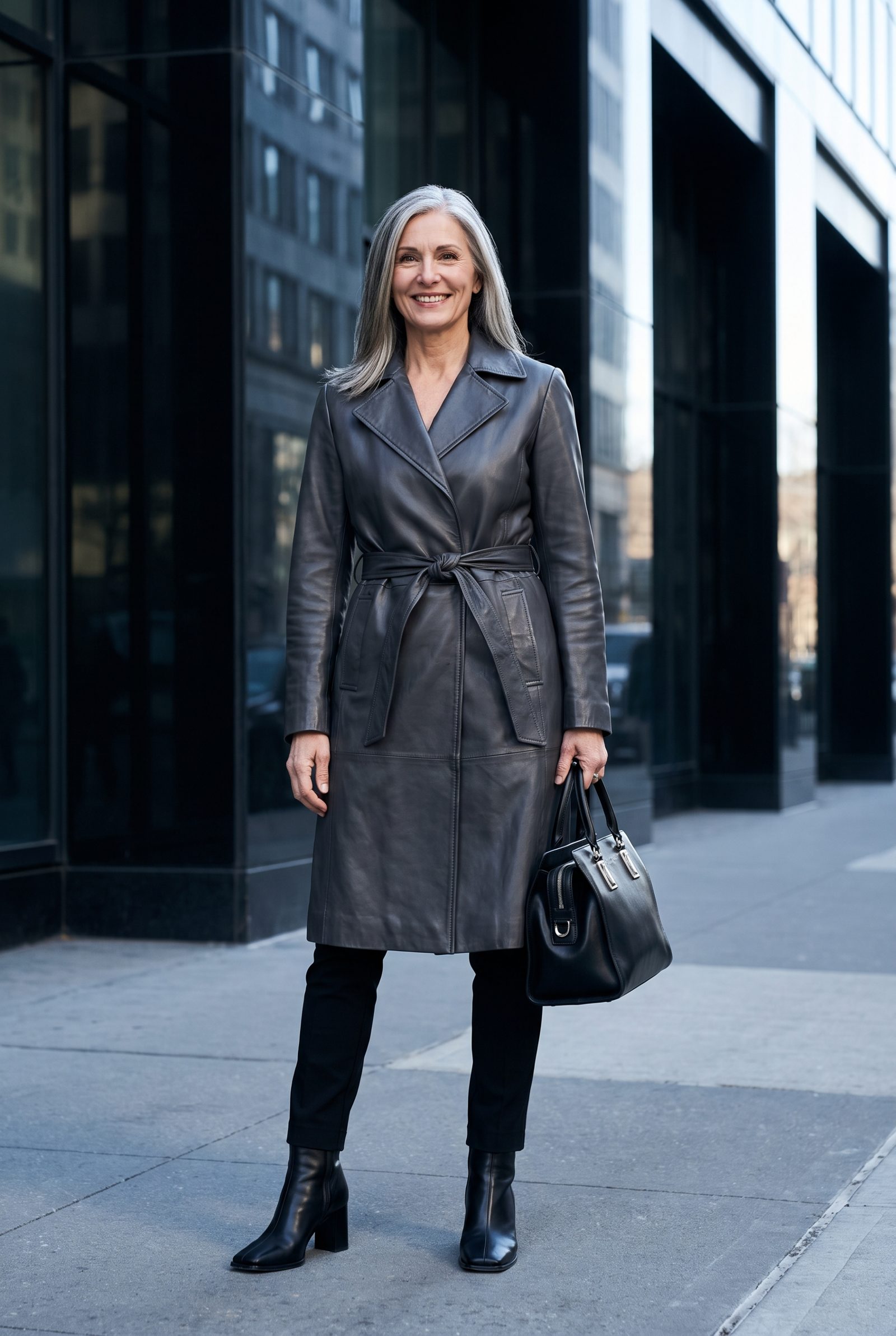 Charcoal Leather Coat + Black Square-Toe Boots