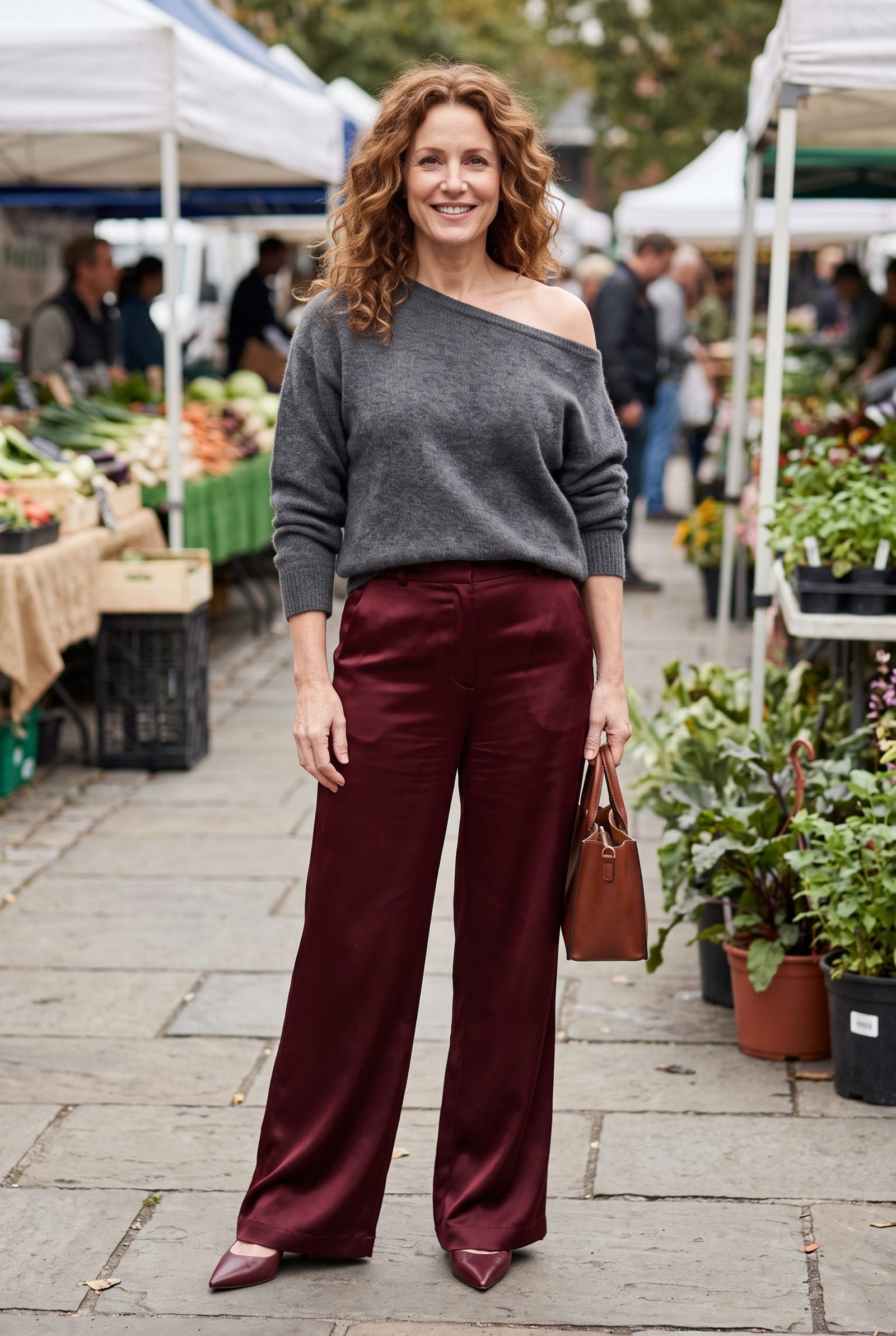 Charcoal Off-Shoulder Sweater + Burgundy Satin Pants