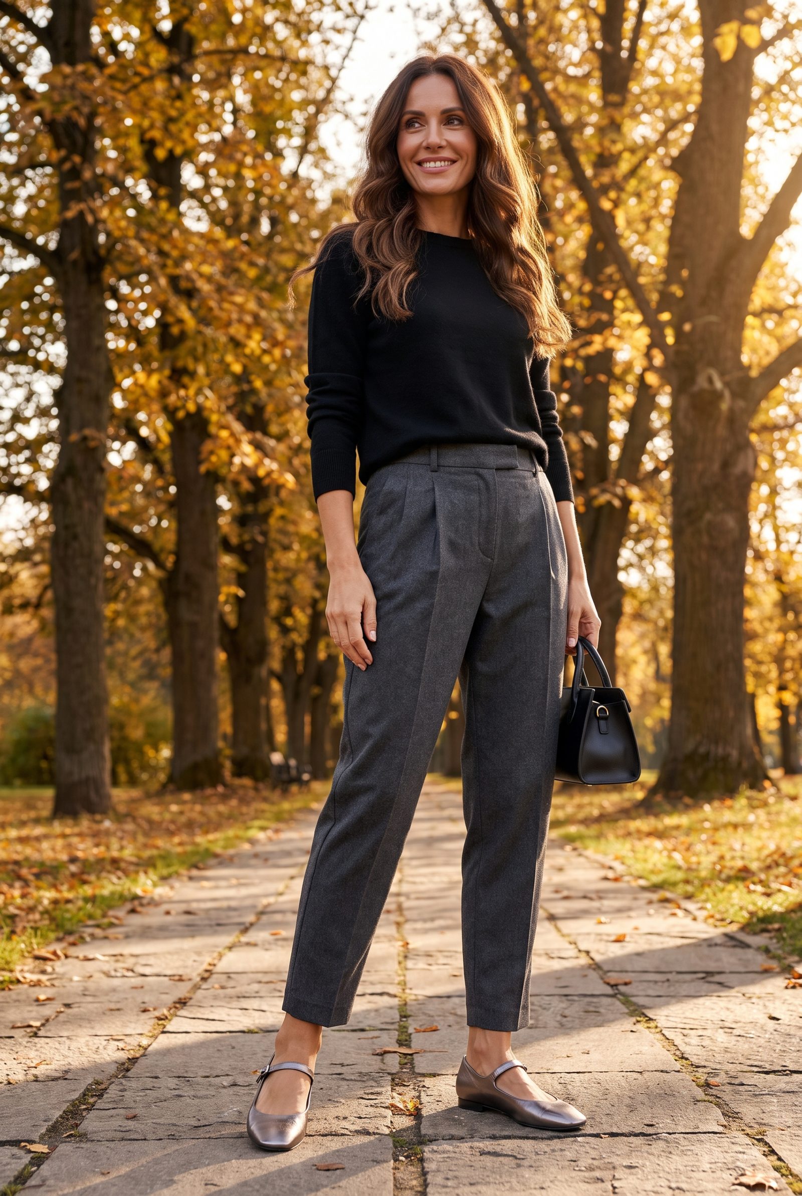 Charcoal Pleated Trousers With Metallic Mary Janes