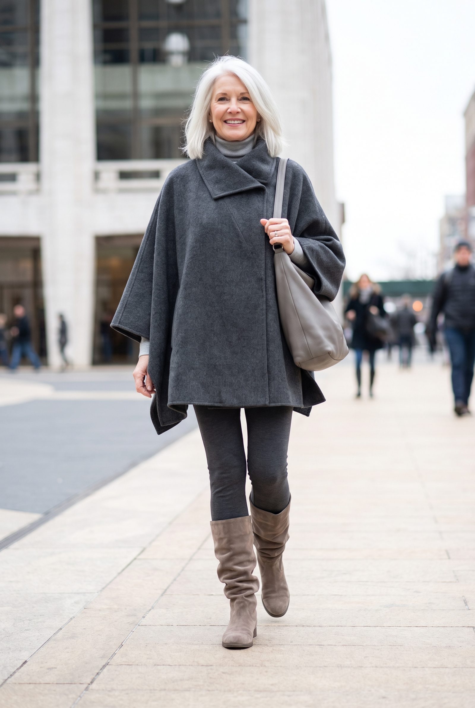 Charcoal Poncho Coat + Taupe Slouch Boots
