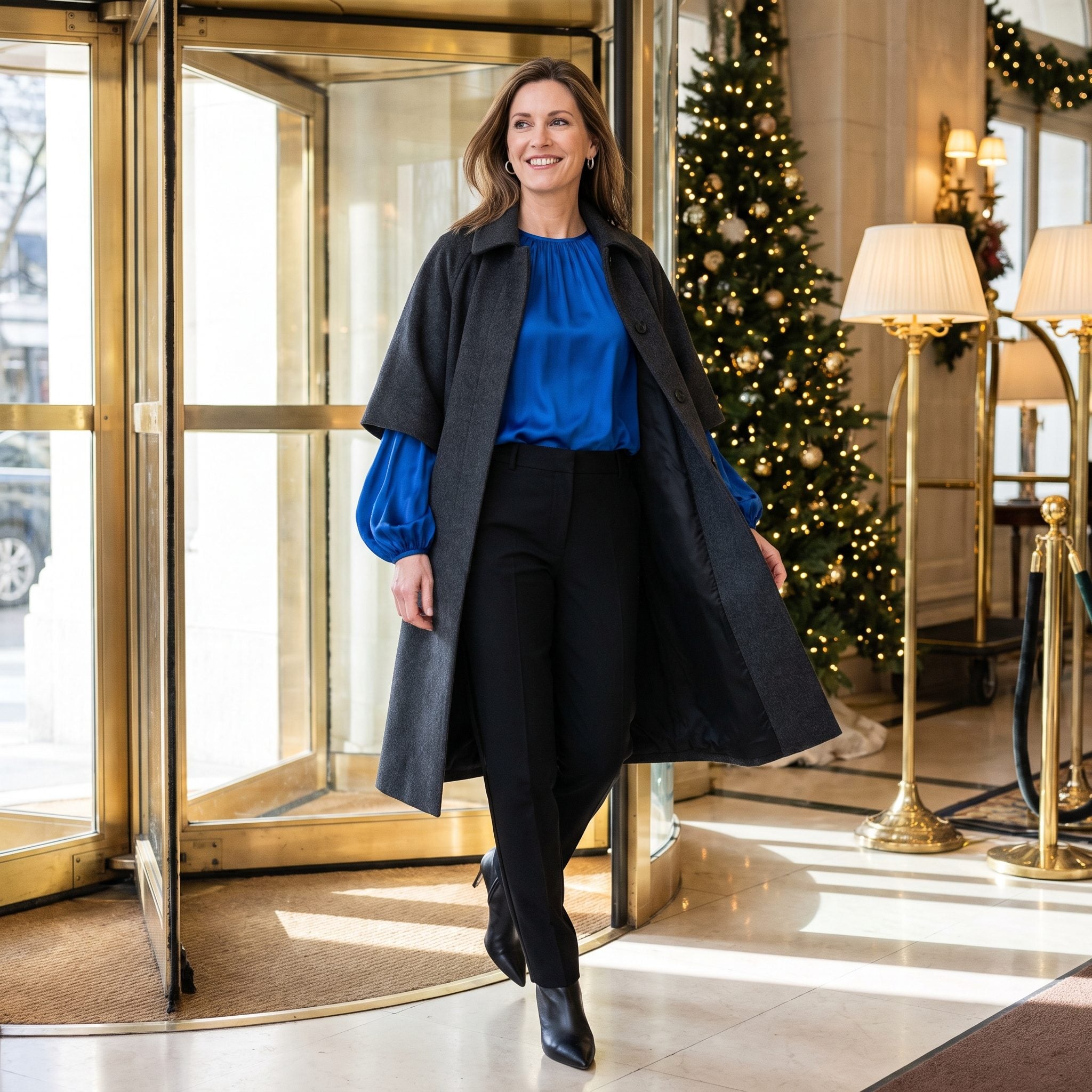 Charcoal raglan coat worn over a sapphire blouse with voluminous bishop sleeves