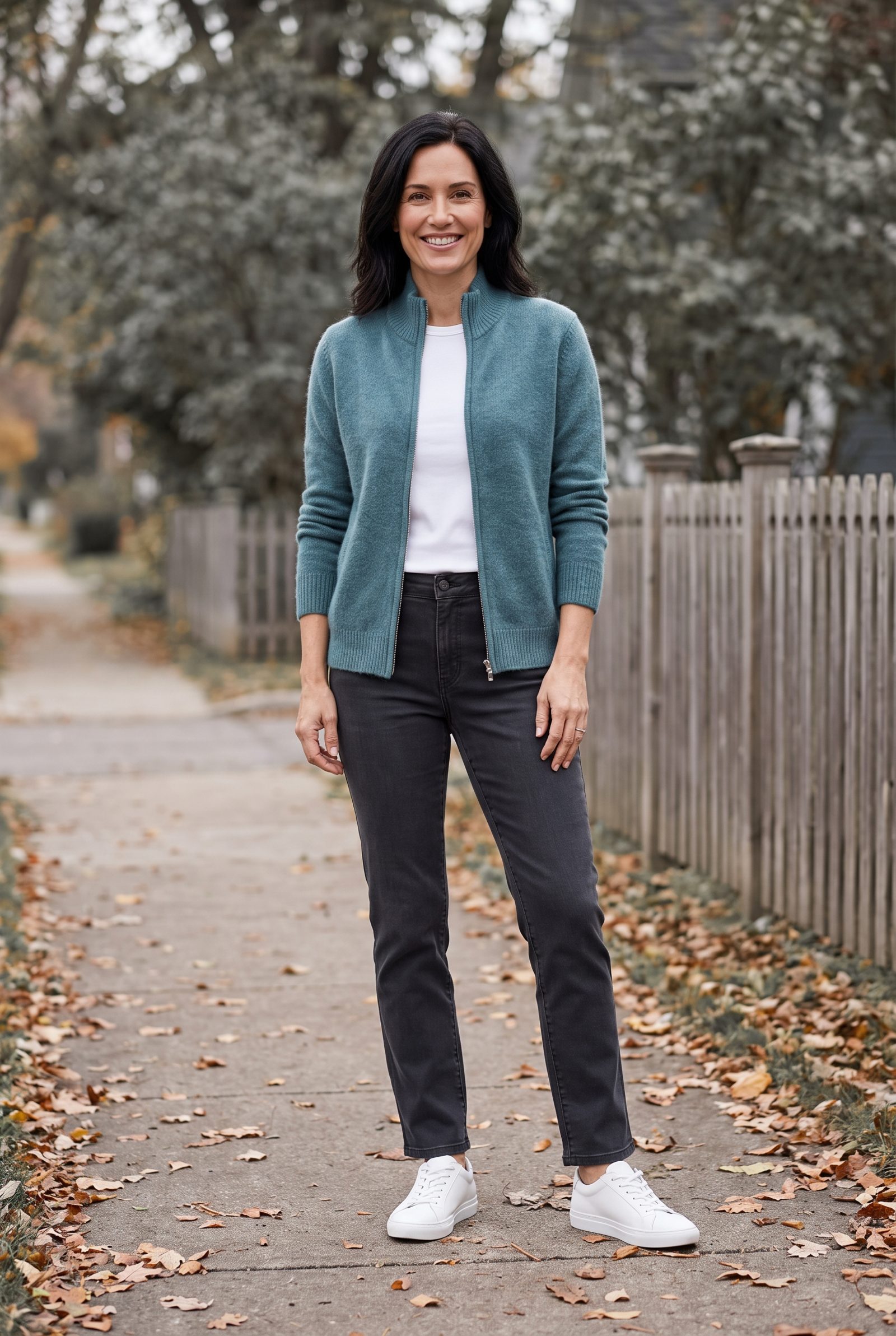 Charcoal Straight Jeans + Teal Zip Cardigan