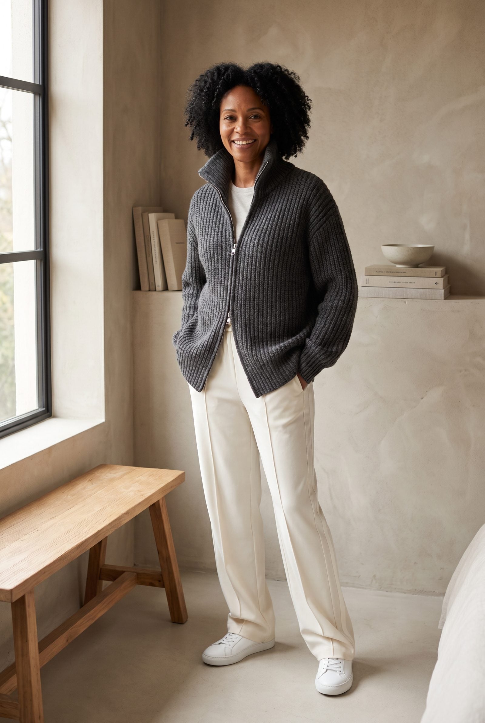 Charcoal Zip Cardigan + Ivory Track Trousers