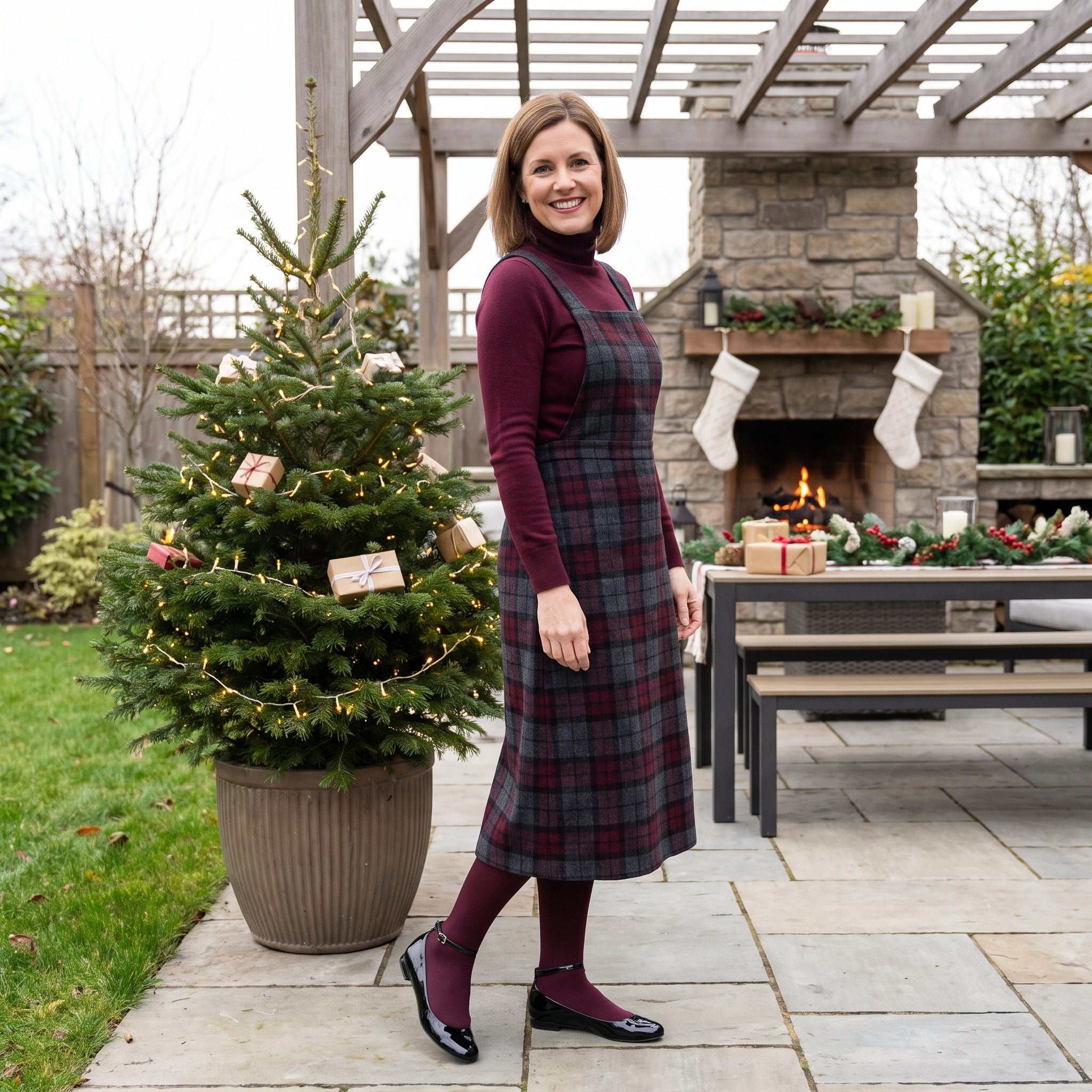 Checked Pinafore with Patent Ankle-Strap Flats