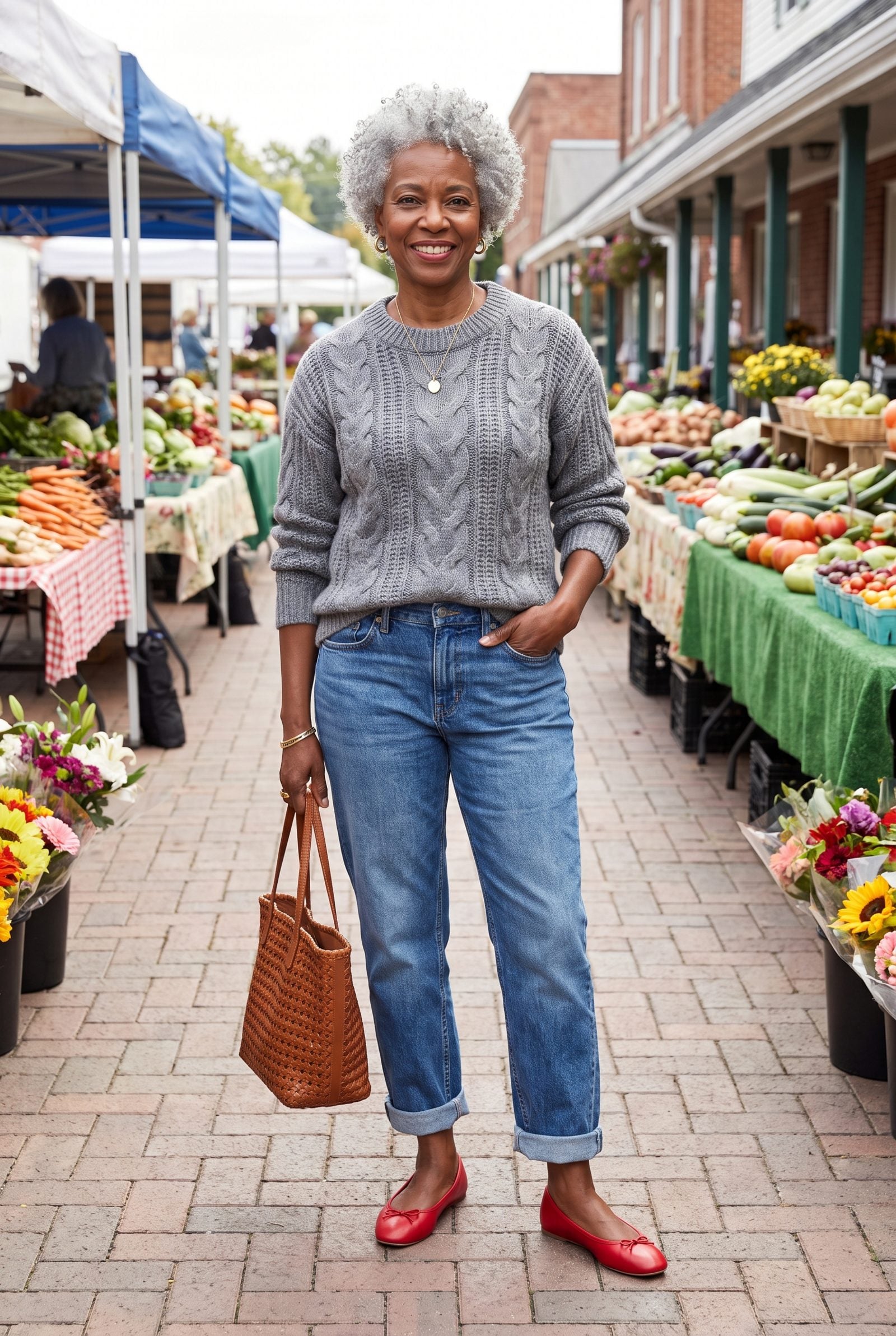 Cherry-Red Ballet Flats Waking Up a Heather-Gray Sweater and Cuffed Boyfriend Jeans
