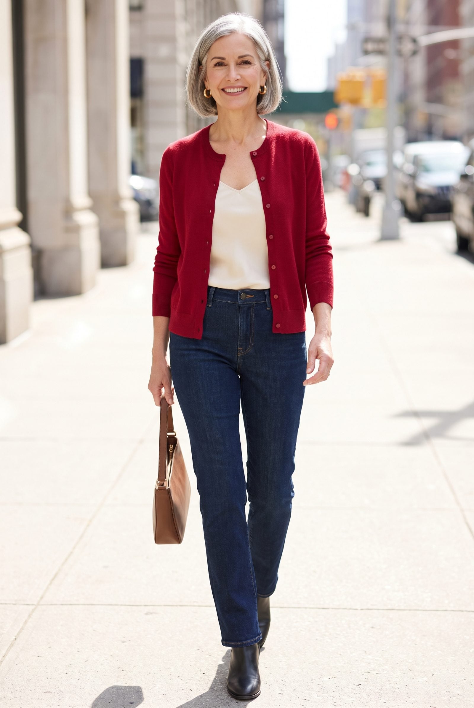 Cherry-Red Cardigan and Dark Denim With Small Gold Hoops
