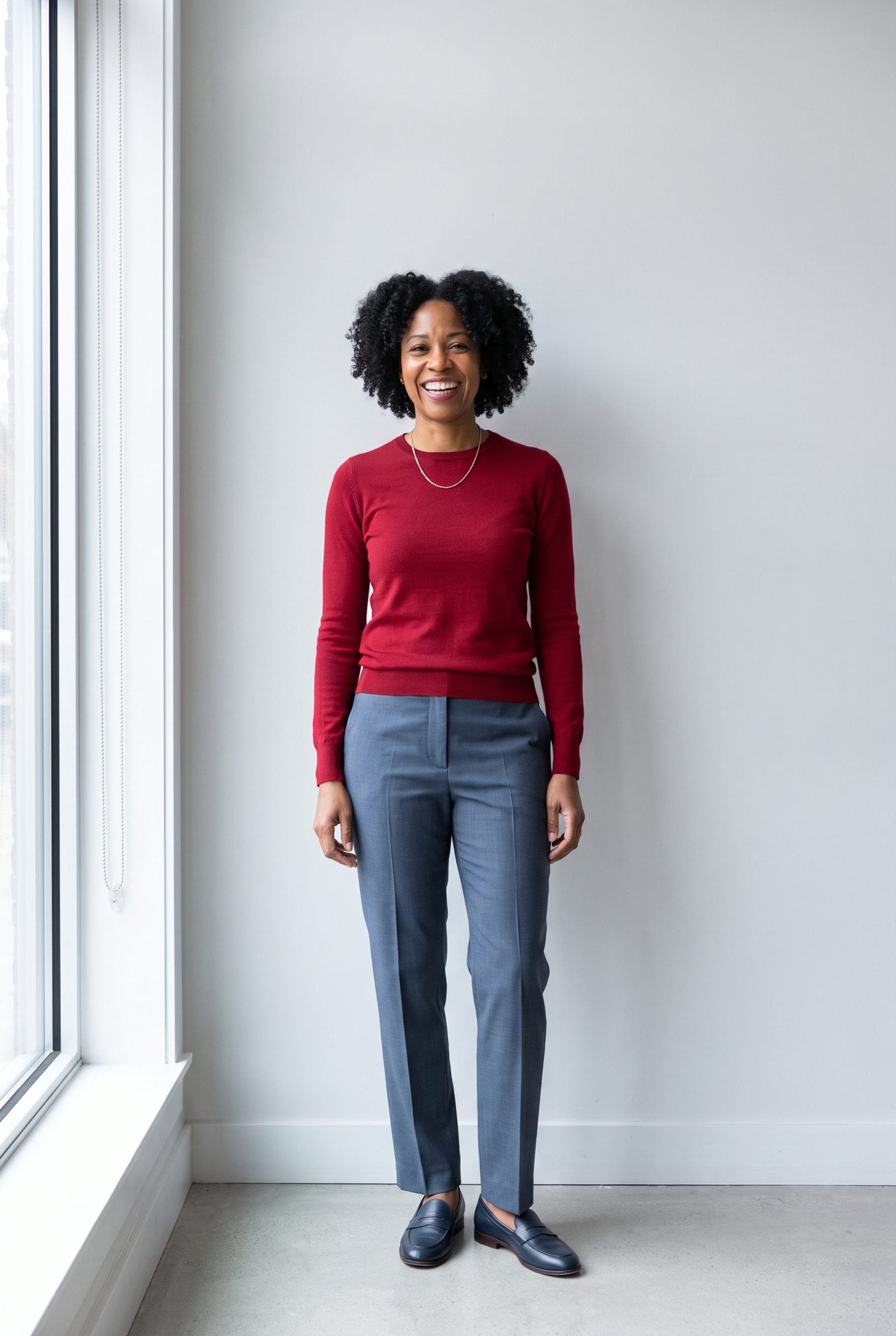 Cherry-Red Crewneck + Slate-Blue Tailored Trousers