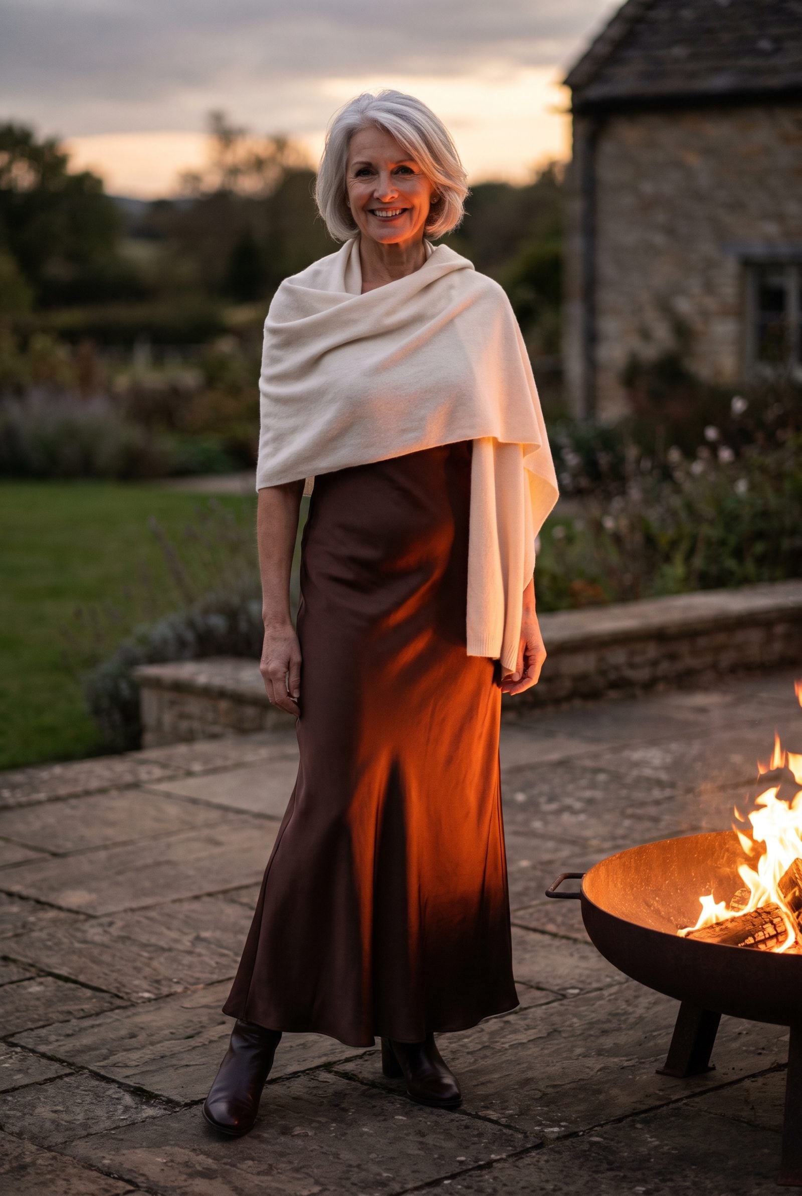 Chocolate-Brown Satin Dress With a Cream Wrap