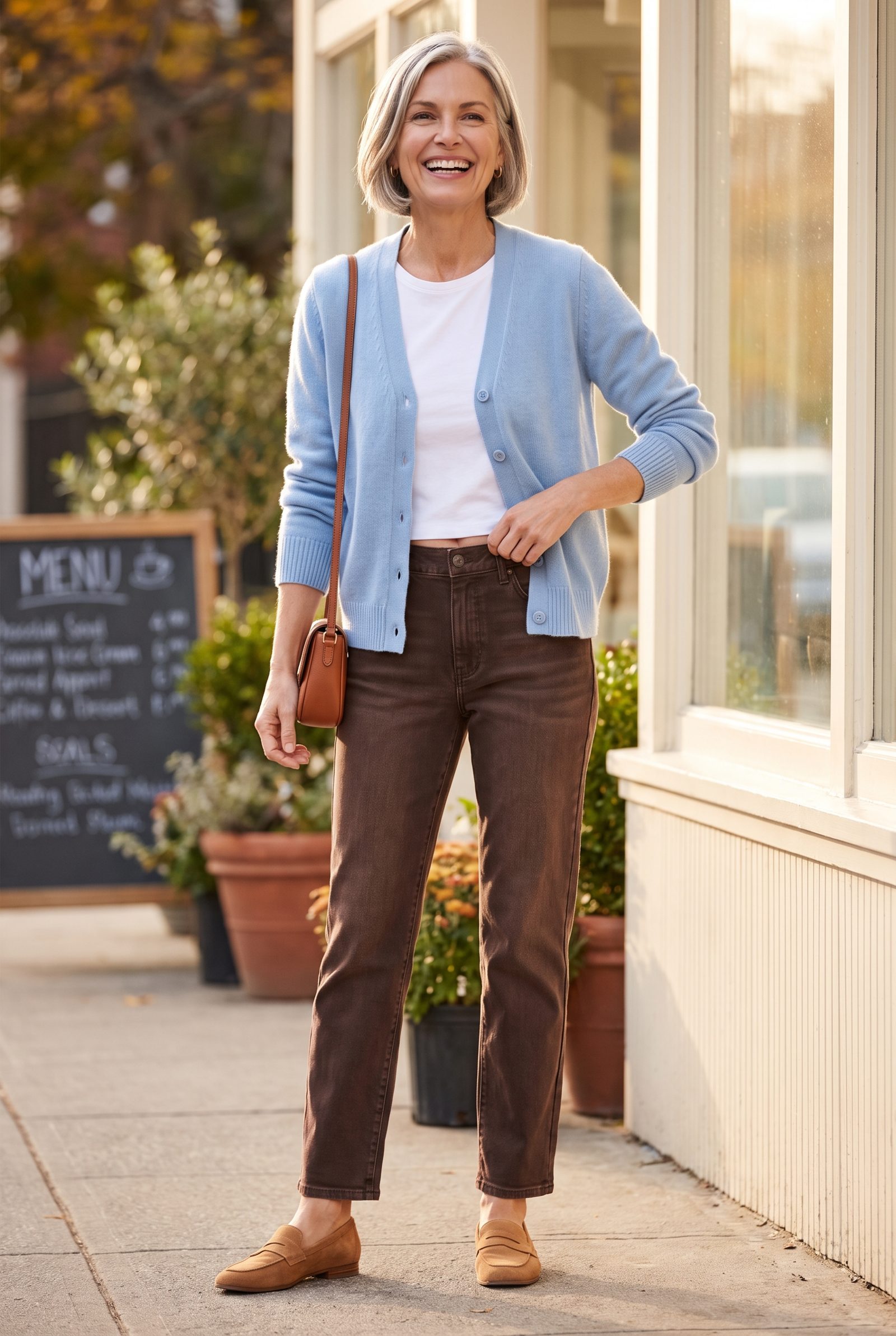 Chocolate-Denim Jeans + Powder-Blue Cardigan
