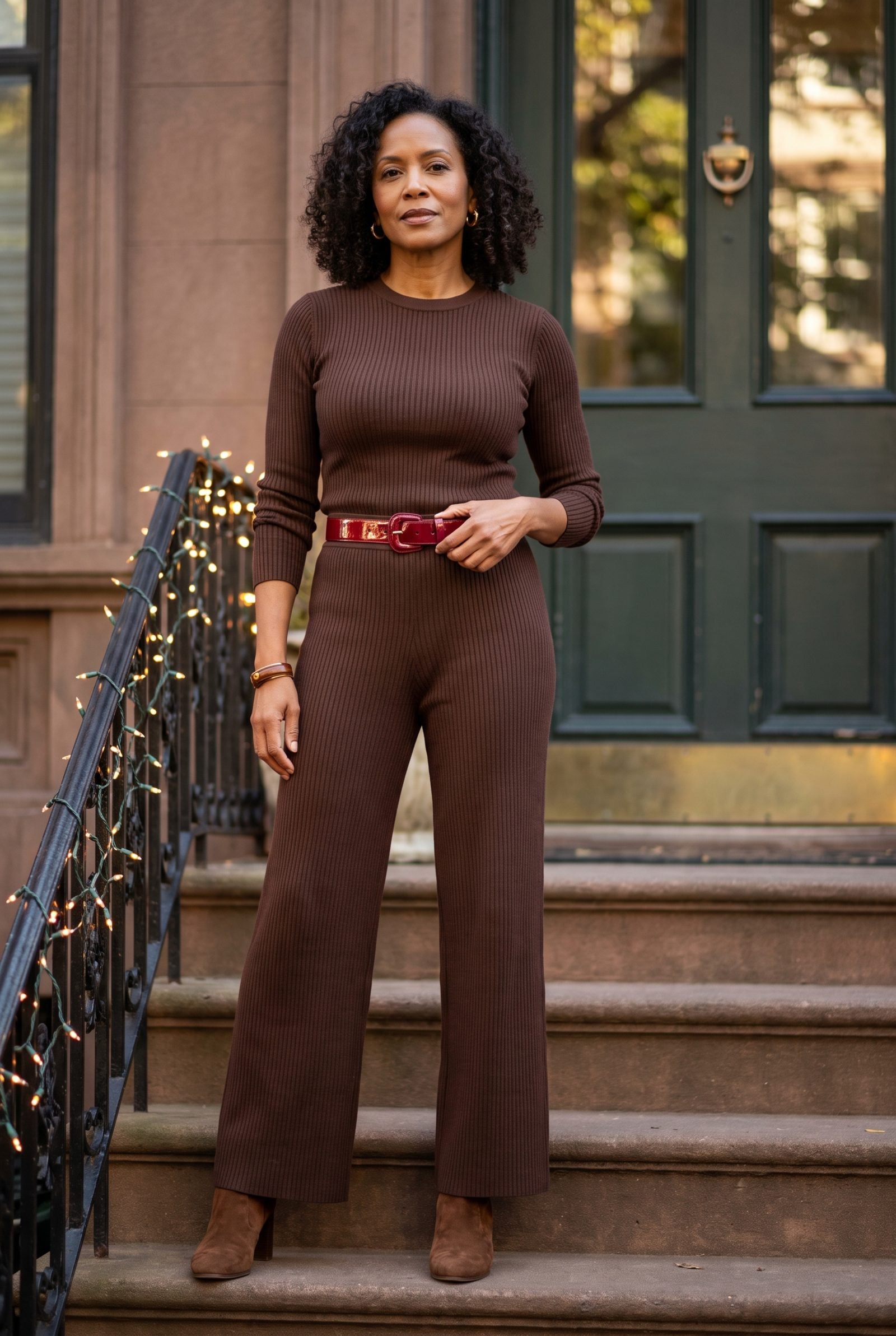Chocolate Knit Set Anchored by a Red Patent Belt