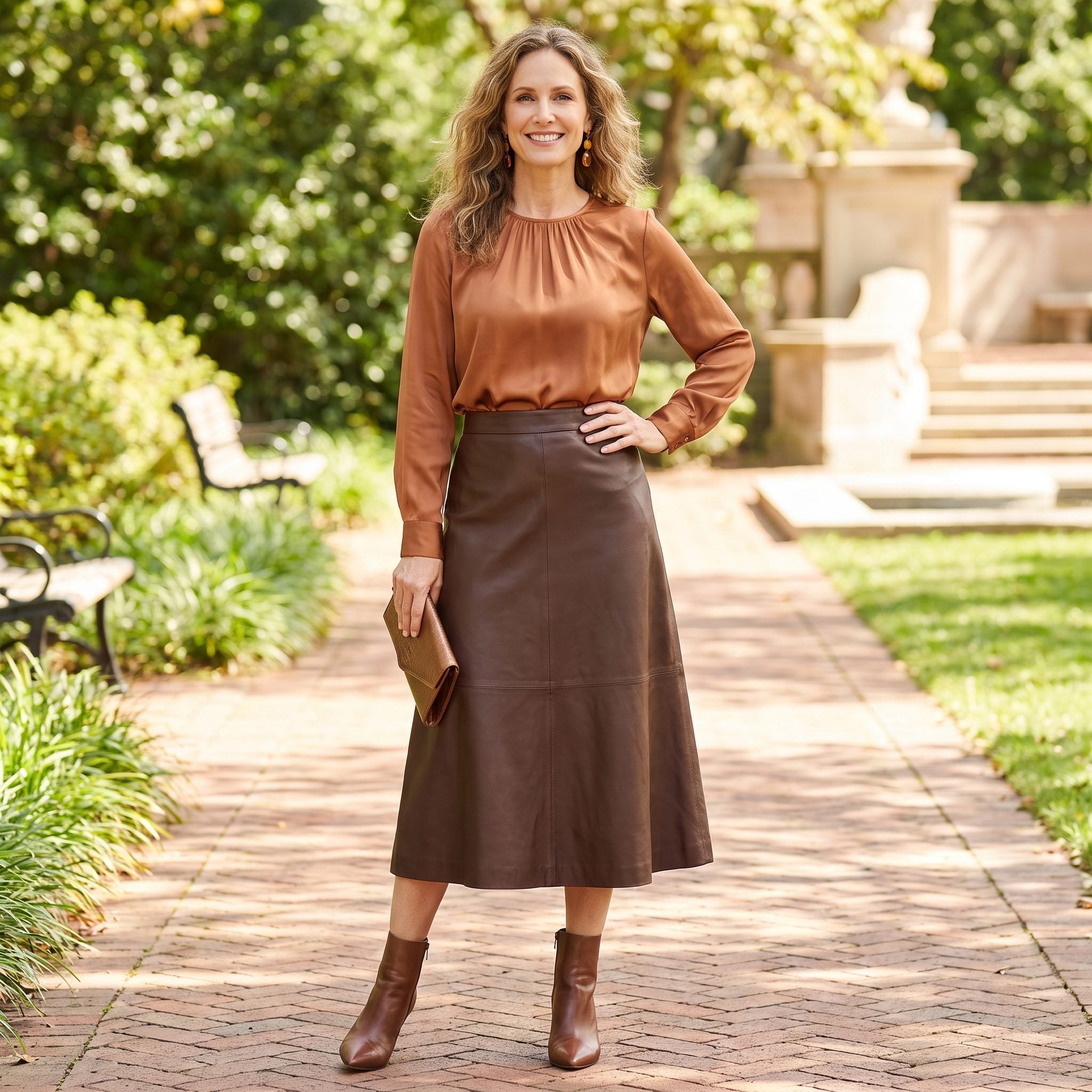 Chocolate-brown leather A-line skirt paired with a copper silk blouse