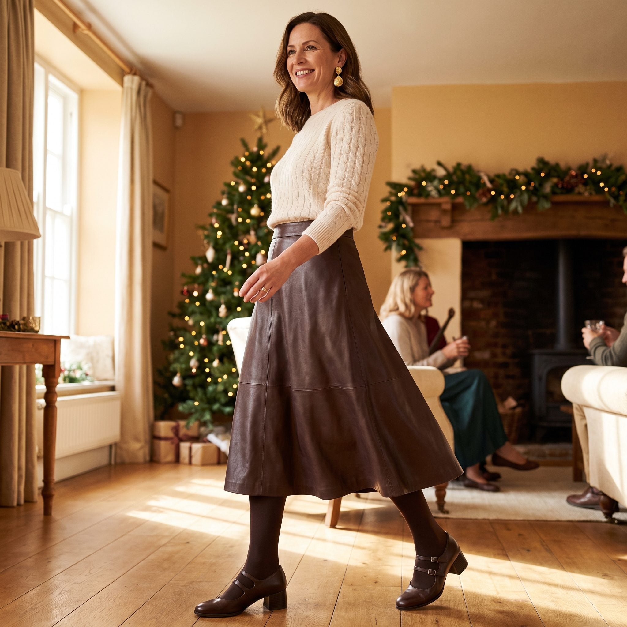 Chocolate Leather Skirt with Mary Janes