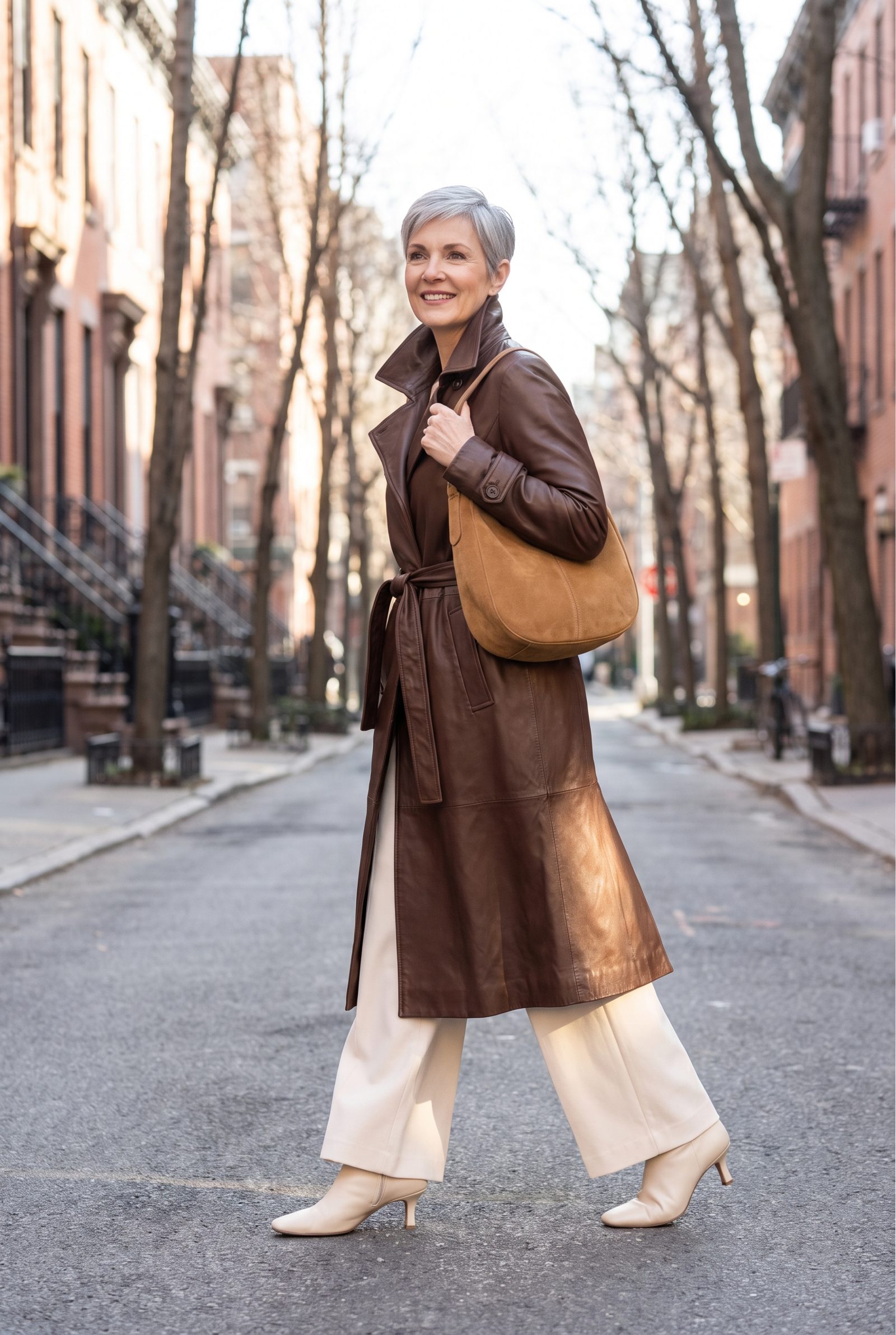 Chocolate Leather Trench + Cream Kitten-Heel Boots