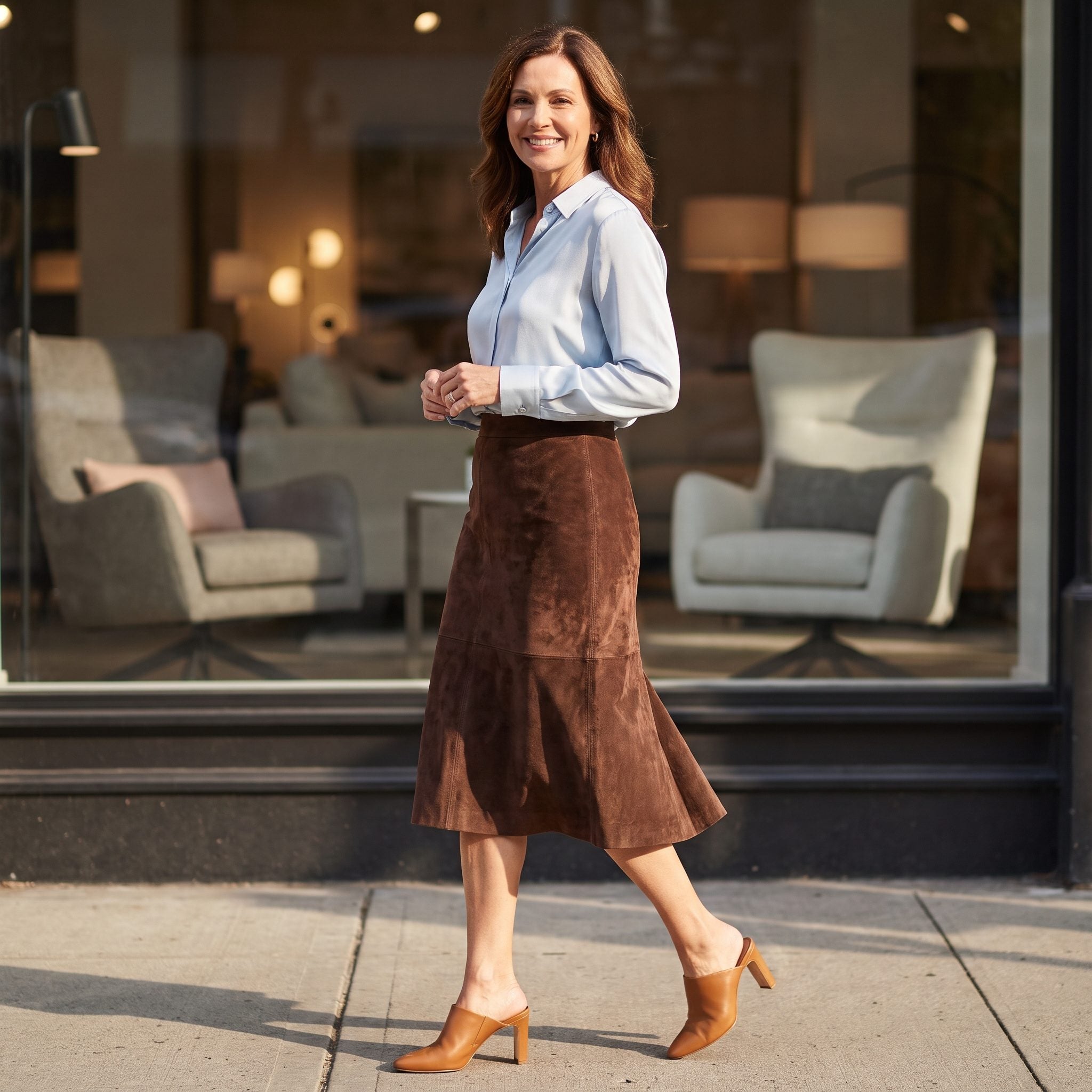 Chocolate Suede Skirt with an Extended Rear Godet