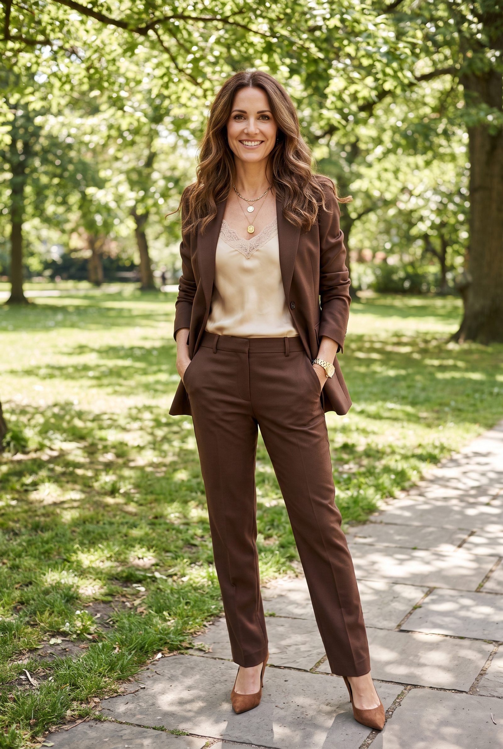 Chocolate Trouser Suit With a Silk Camisole