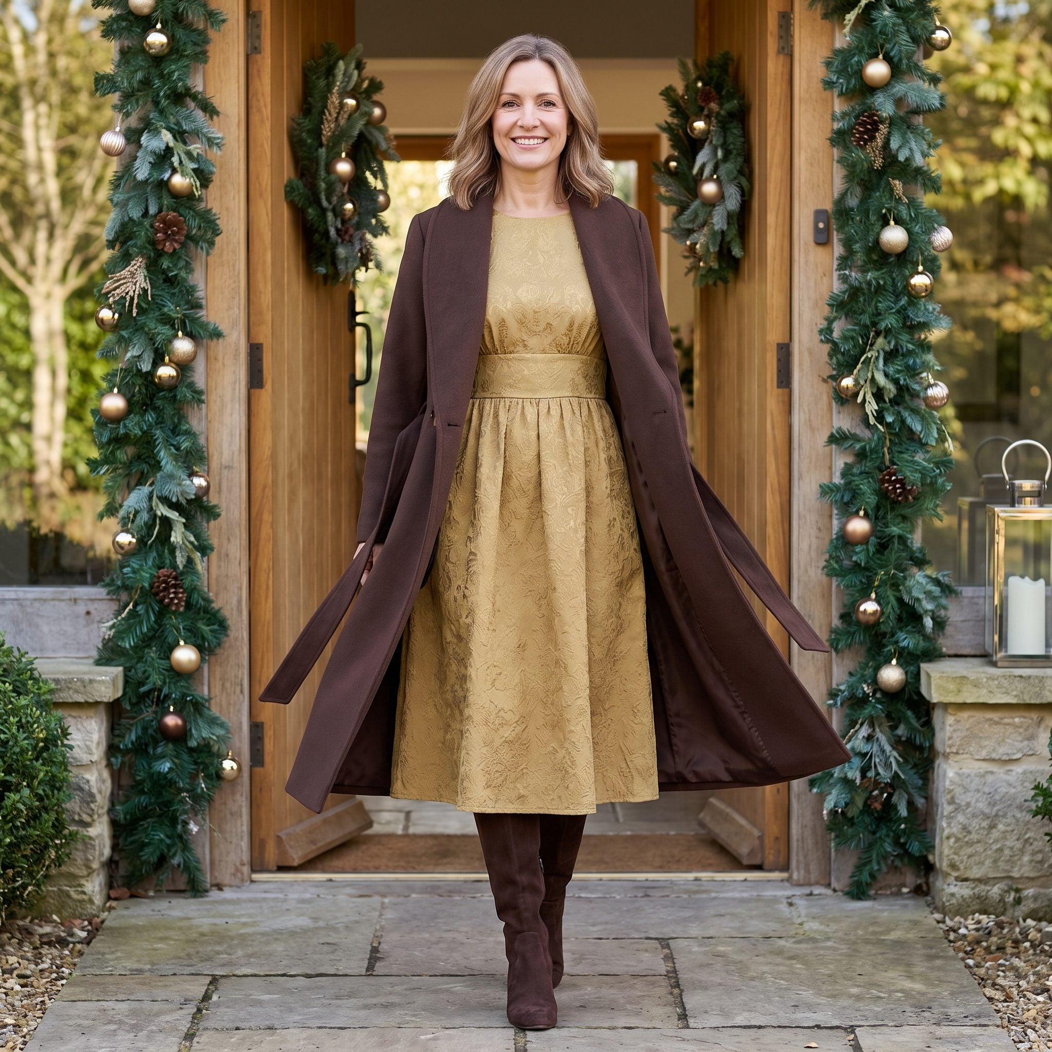 Chocolate-brown wrap coat worn over an antique-gold jacquard midi dress