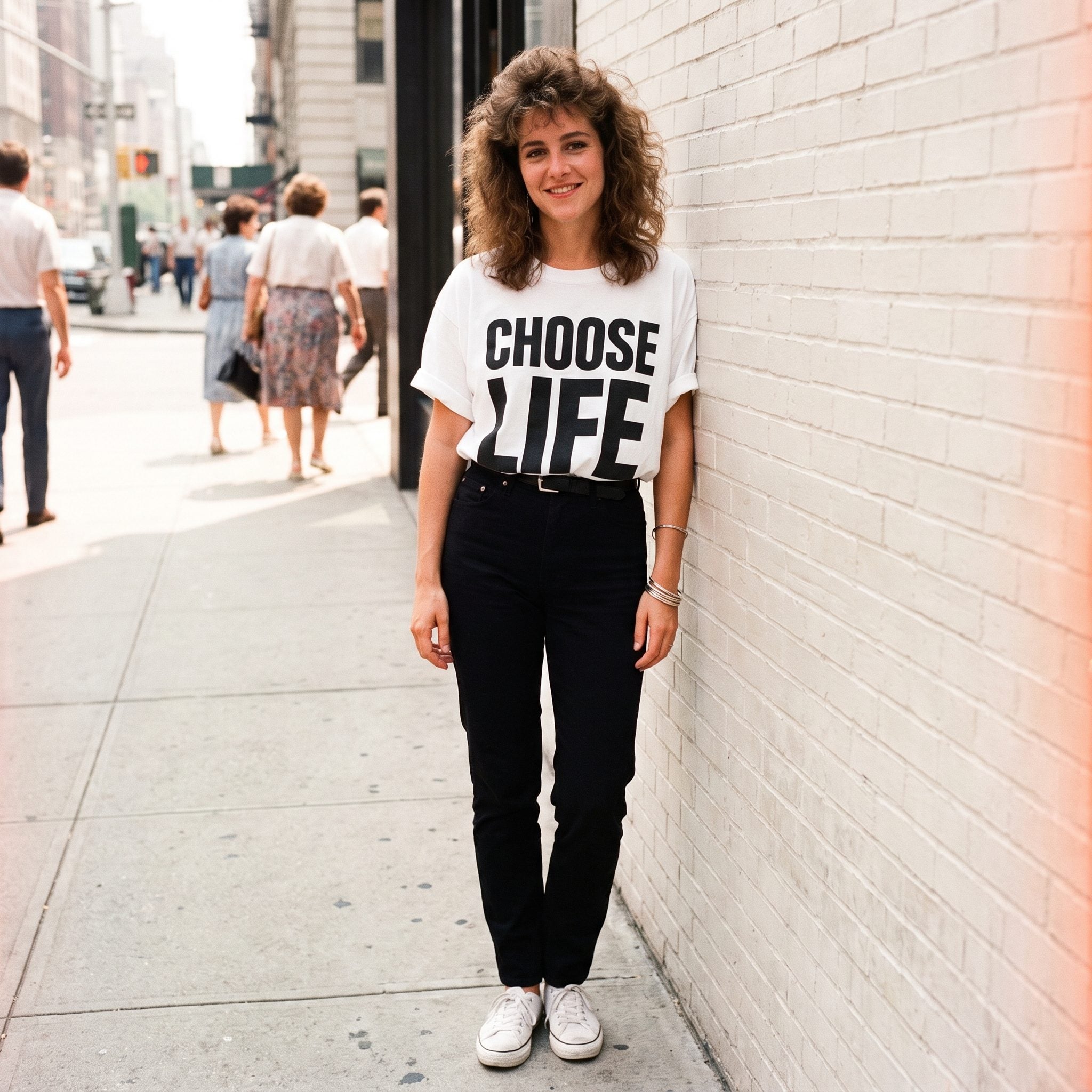 White Choose Life slogan T-shirt associated with 1980s pop fashion