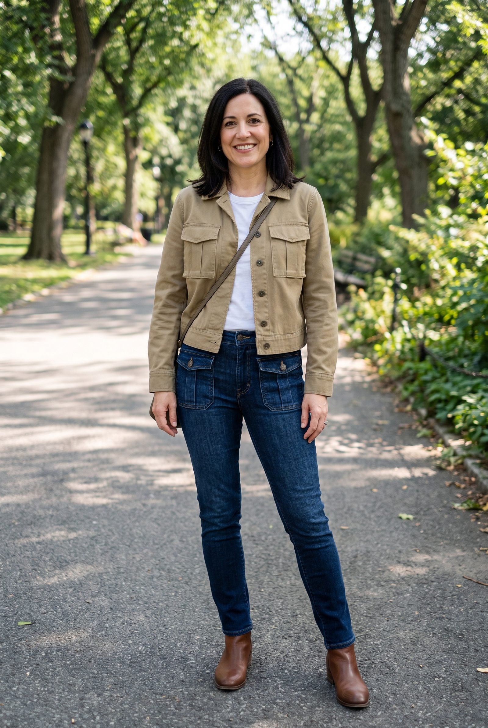 Woman in a khaki utility jacket with bust pockets and cargo-pocket jeans adding bulk at hips and chest.