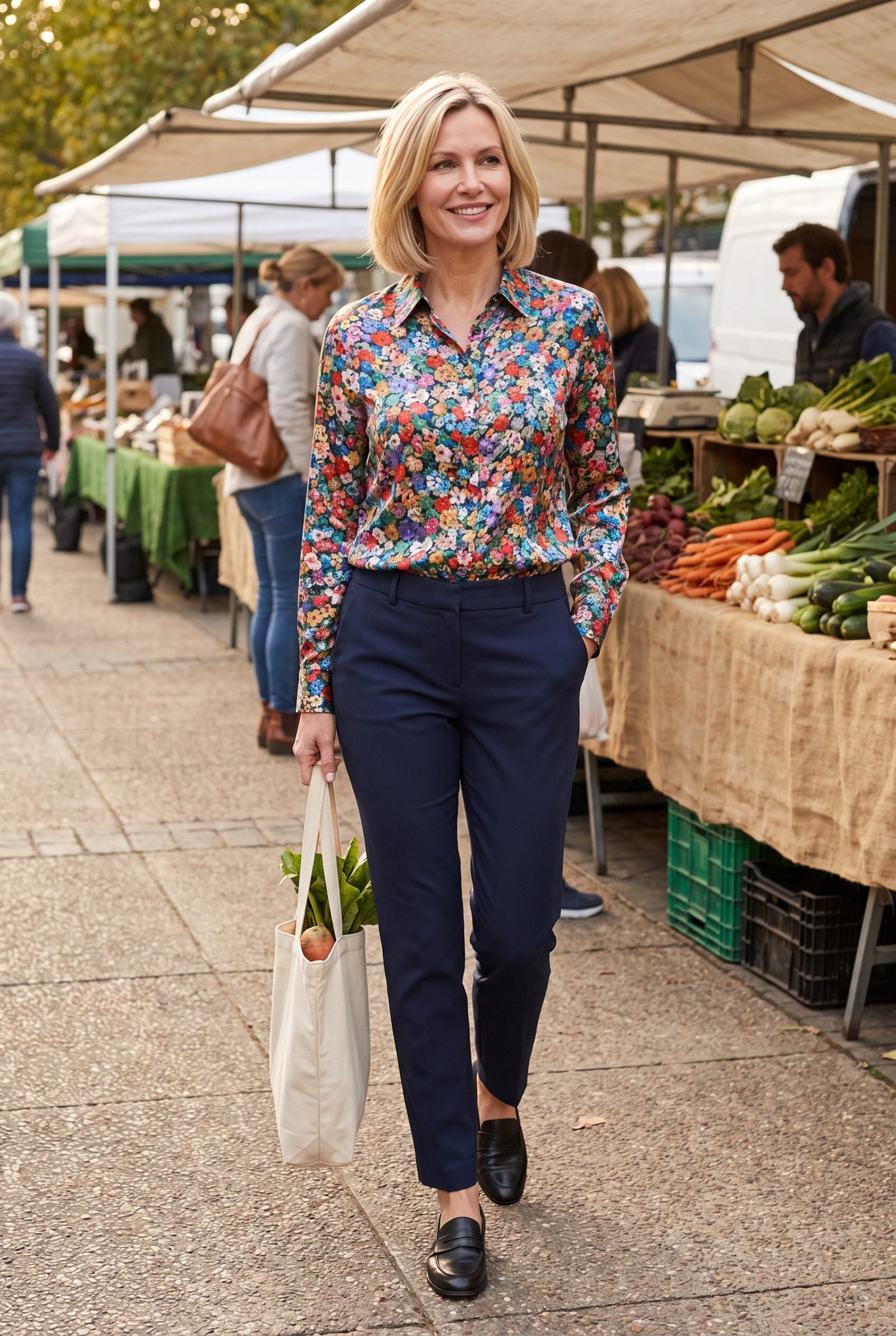 Woman in a dense edge-to-edge floral silk blouse with navy trousers and loafers.