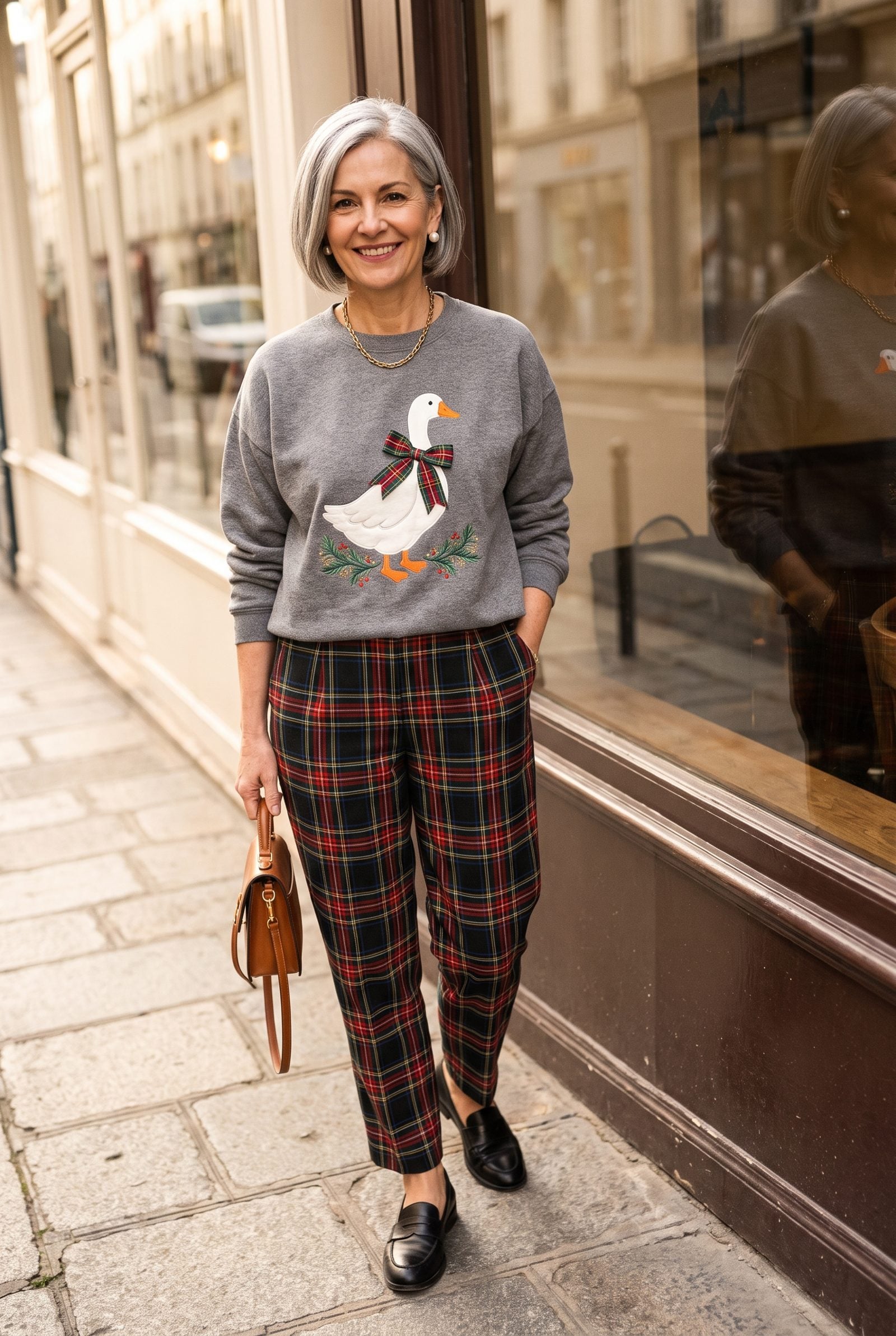 The Christmas Goose Wearing a Plaid Bow