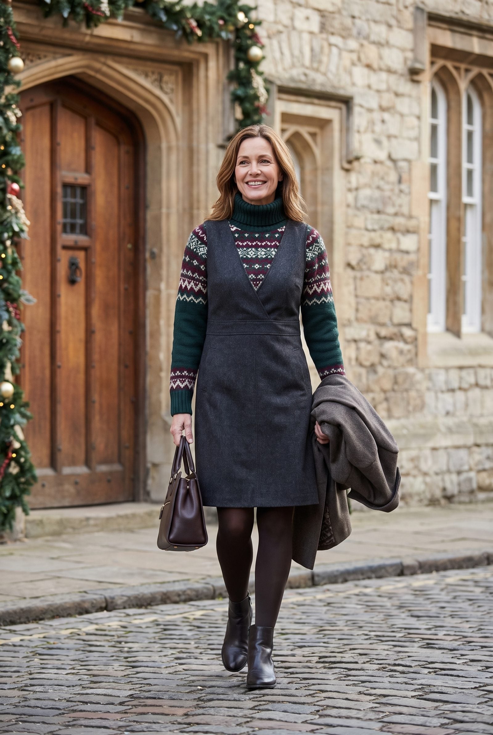 Christmas Knit Under a Sleeveless Tailored Dress