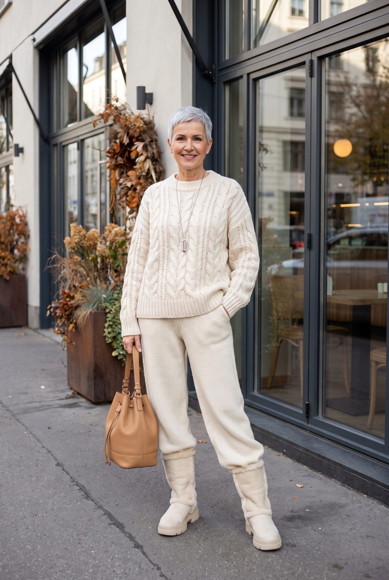 Woman in a chunky cream cable-knit co-ord with matching chunky knit-shaft boots, bulk stacking from waist to ankle.