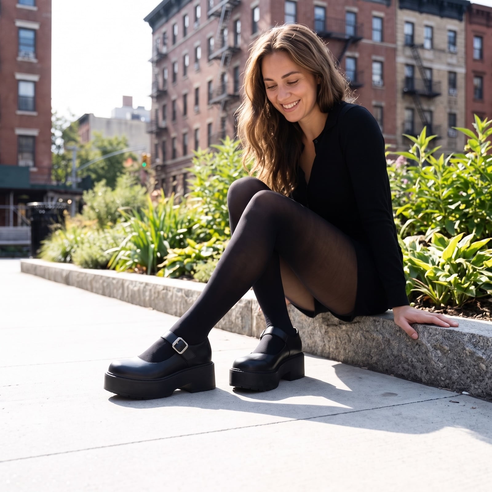 Woman wearing black platform Mary Jane shoes and opaque tights with a black outfit on a city sidewalk