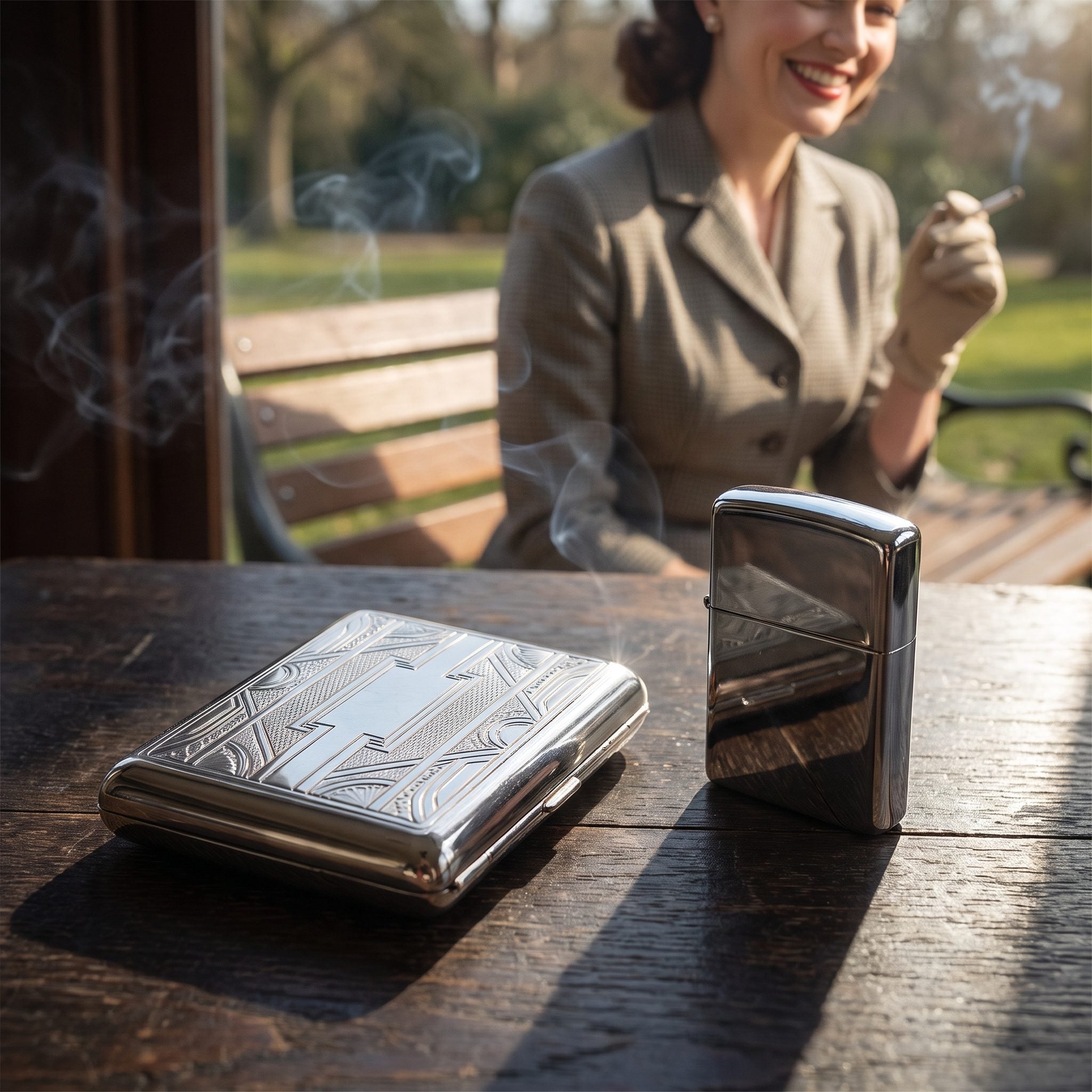 Vintage cigarette case and lighter set associated with 1950s fashion accessories