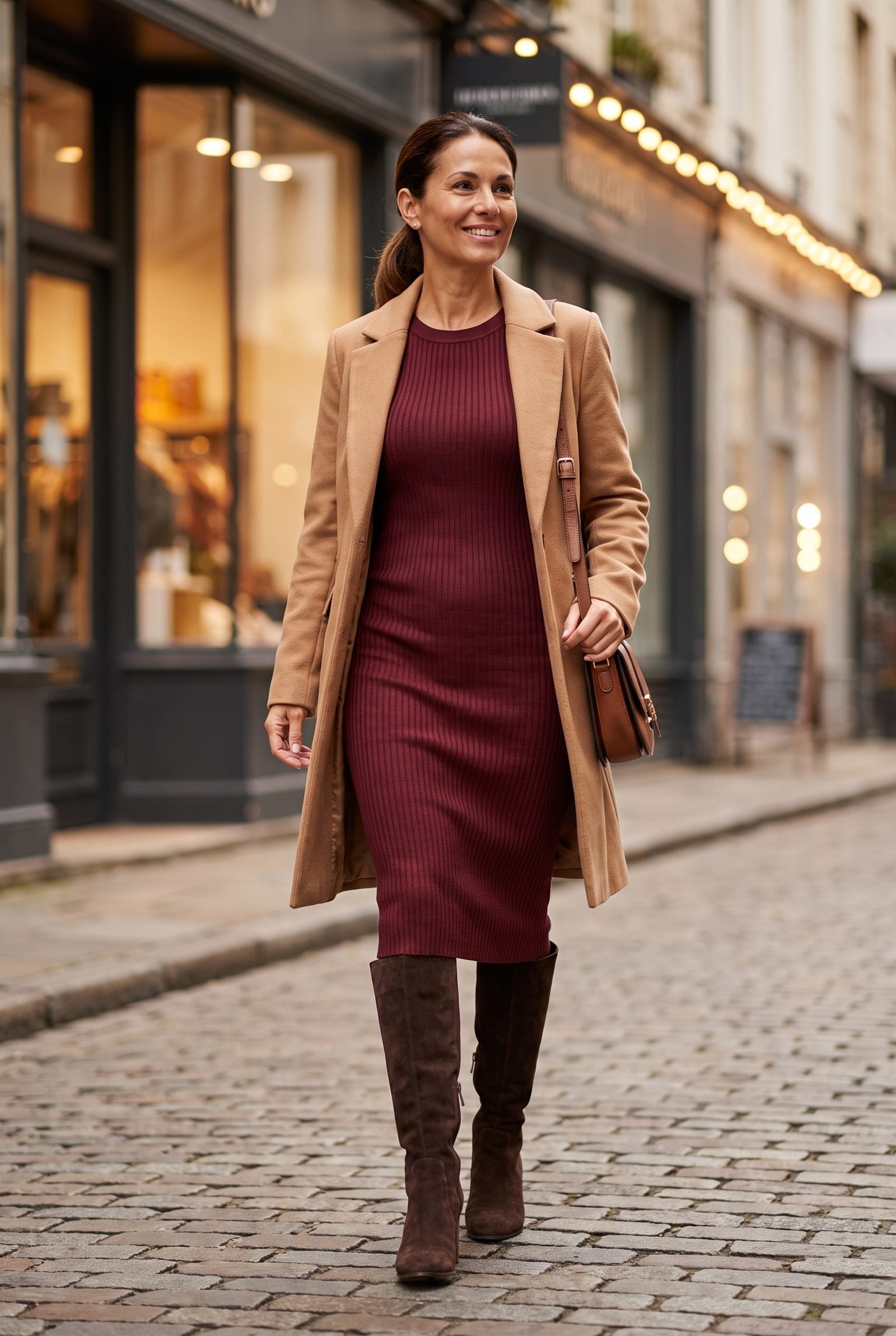 Claret Knit Dress With Tall Brown Boots