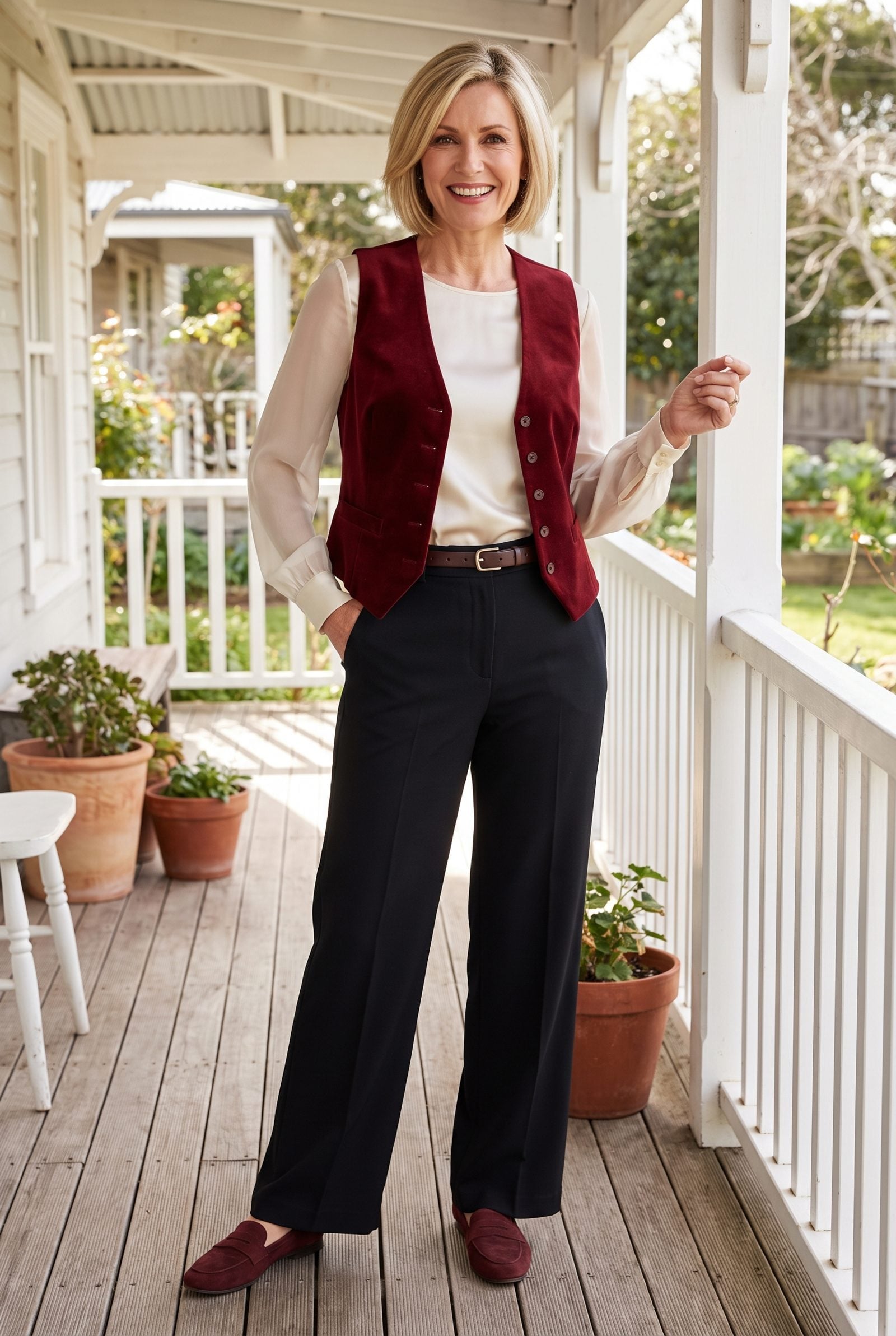 Claret Velvet Vest With a Sheer-Sleeve Blouse