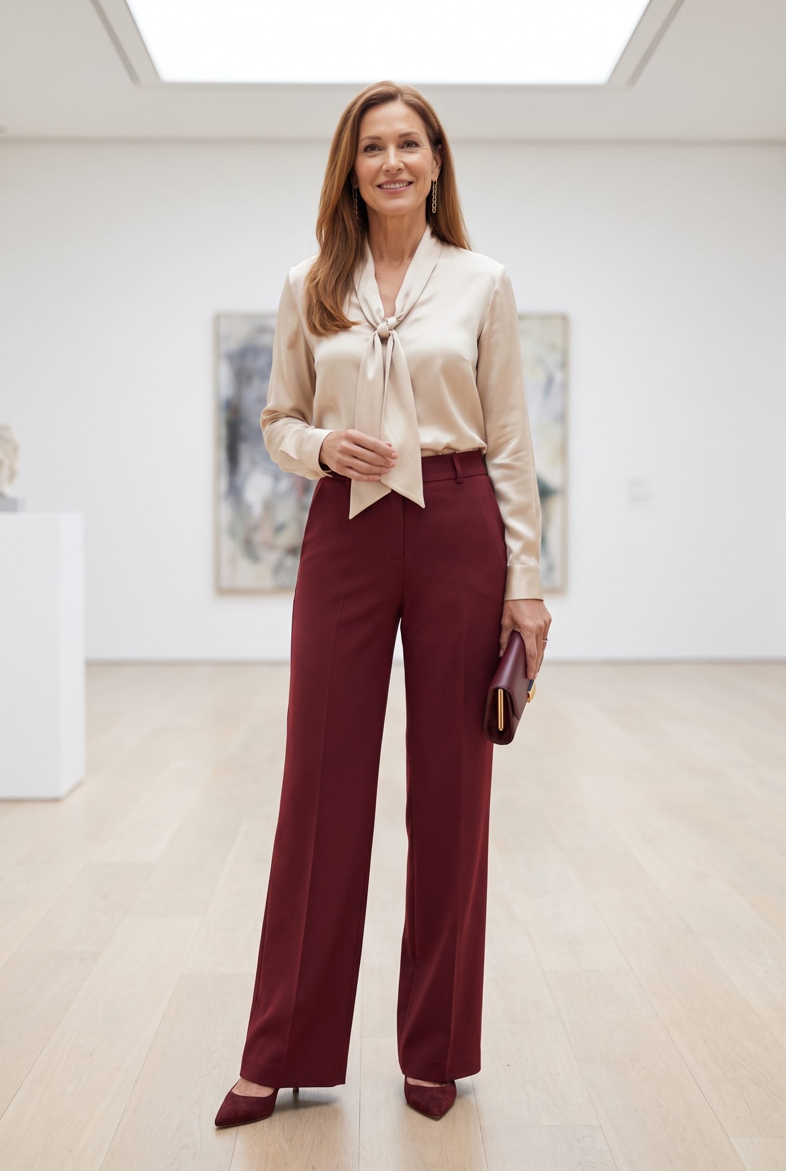 Claret Wide-Leg Trousers With a Champagne Blouse