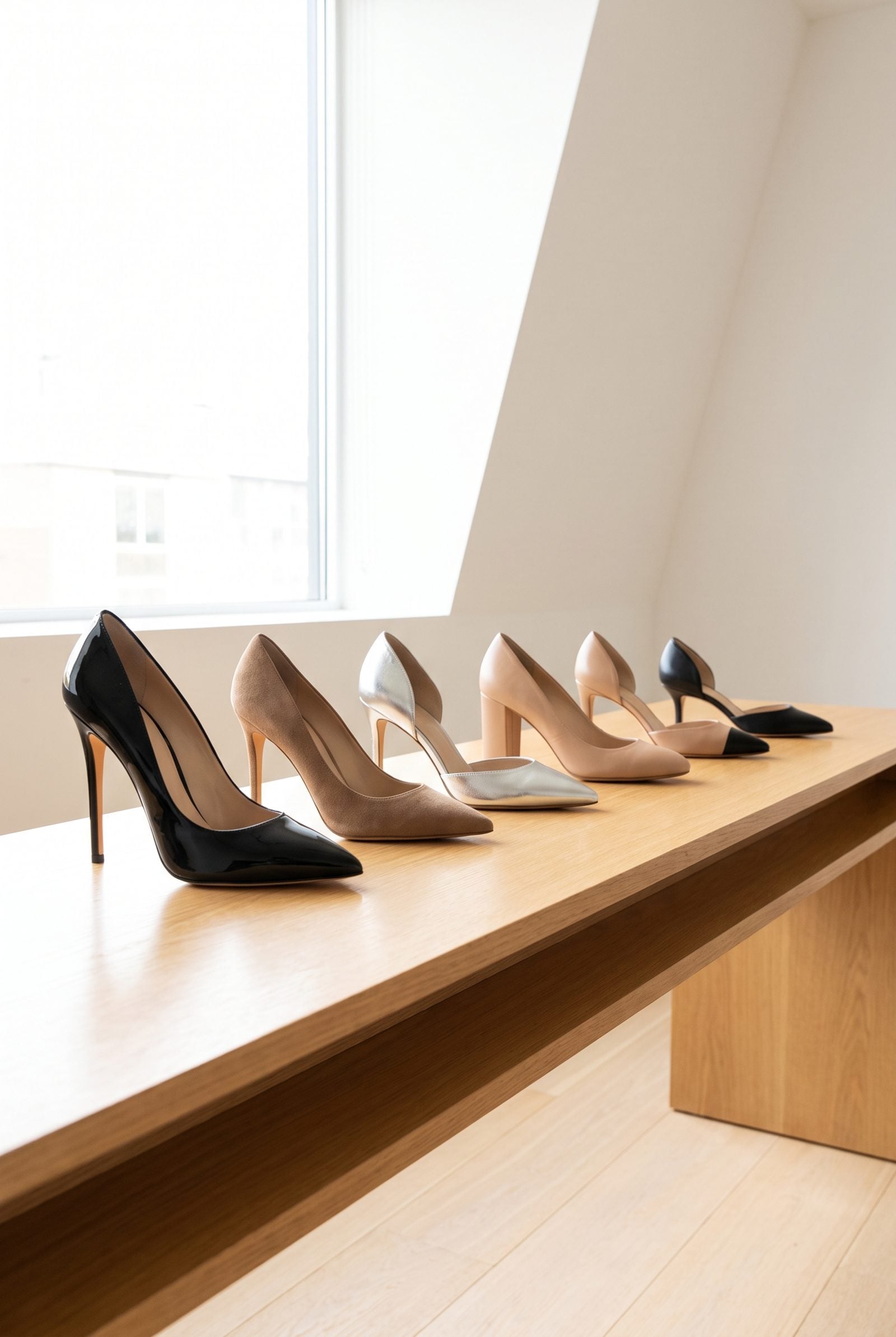 Closet shelf with nine pairs of heels lined up from tallest on the left to shortest kitten heels on the right.