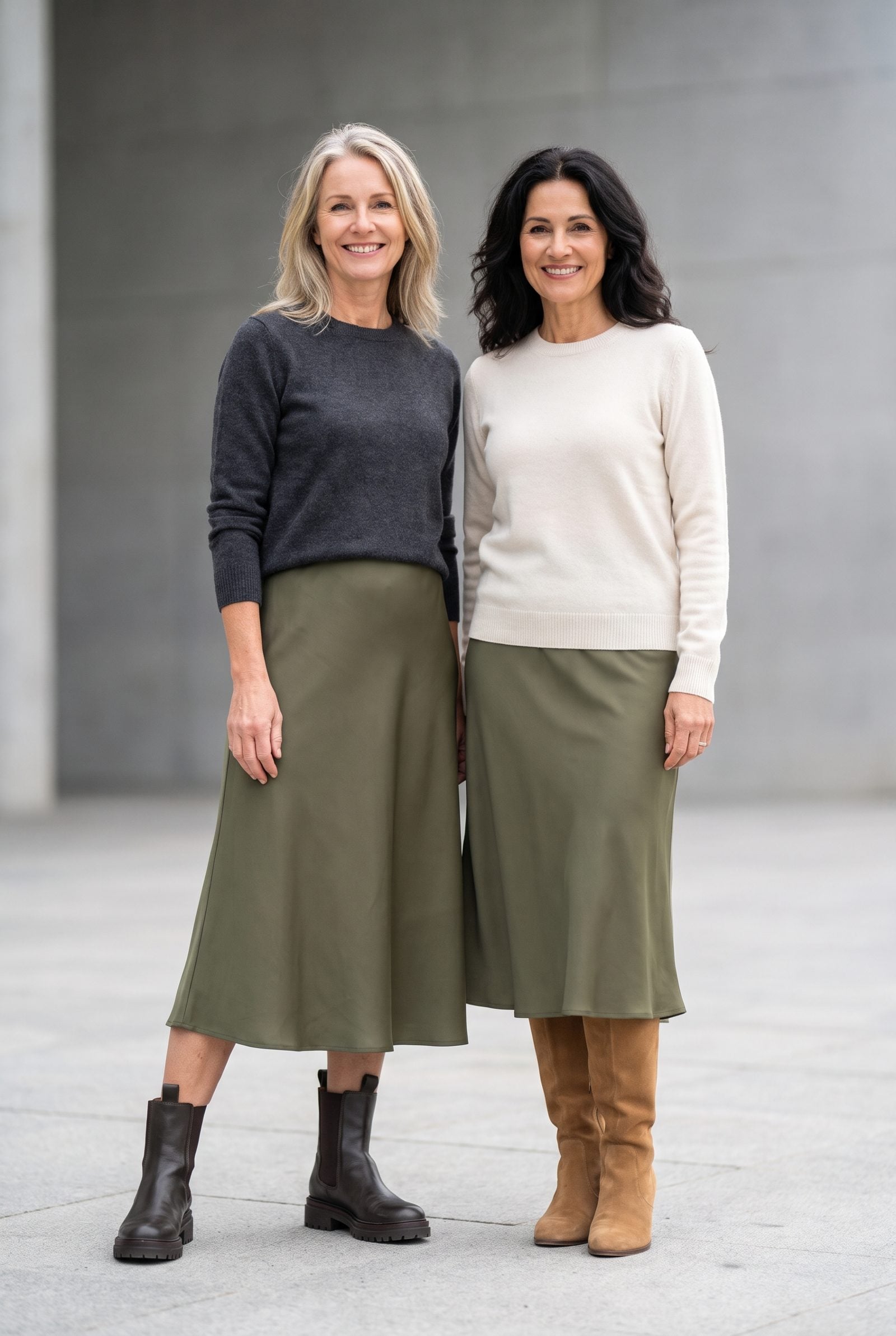 Clunky Ankle Boots Cutting Off a Tea-Length Skirt