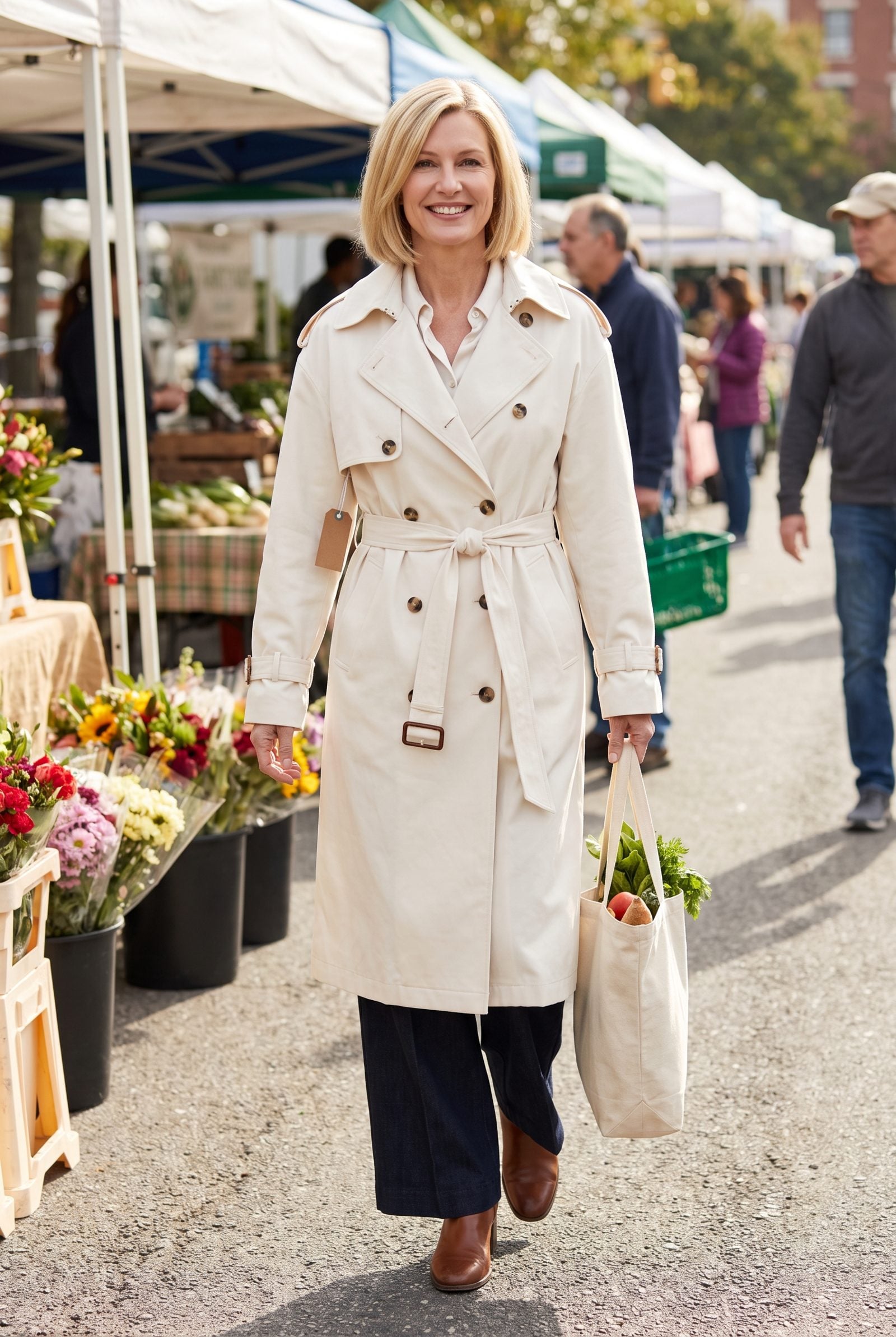 Closet rod with one ivory belted trench coat still carrying its price tag among about twenty everyday coats.