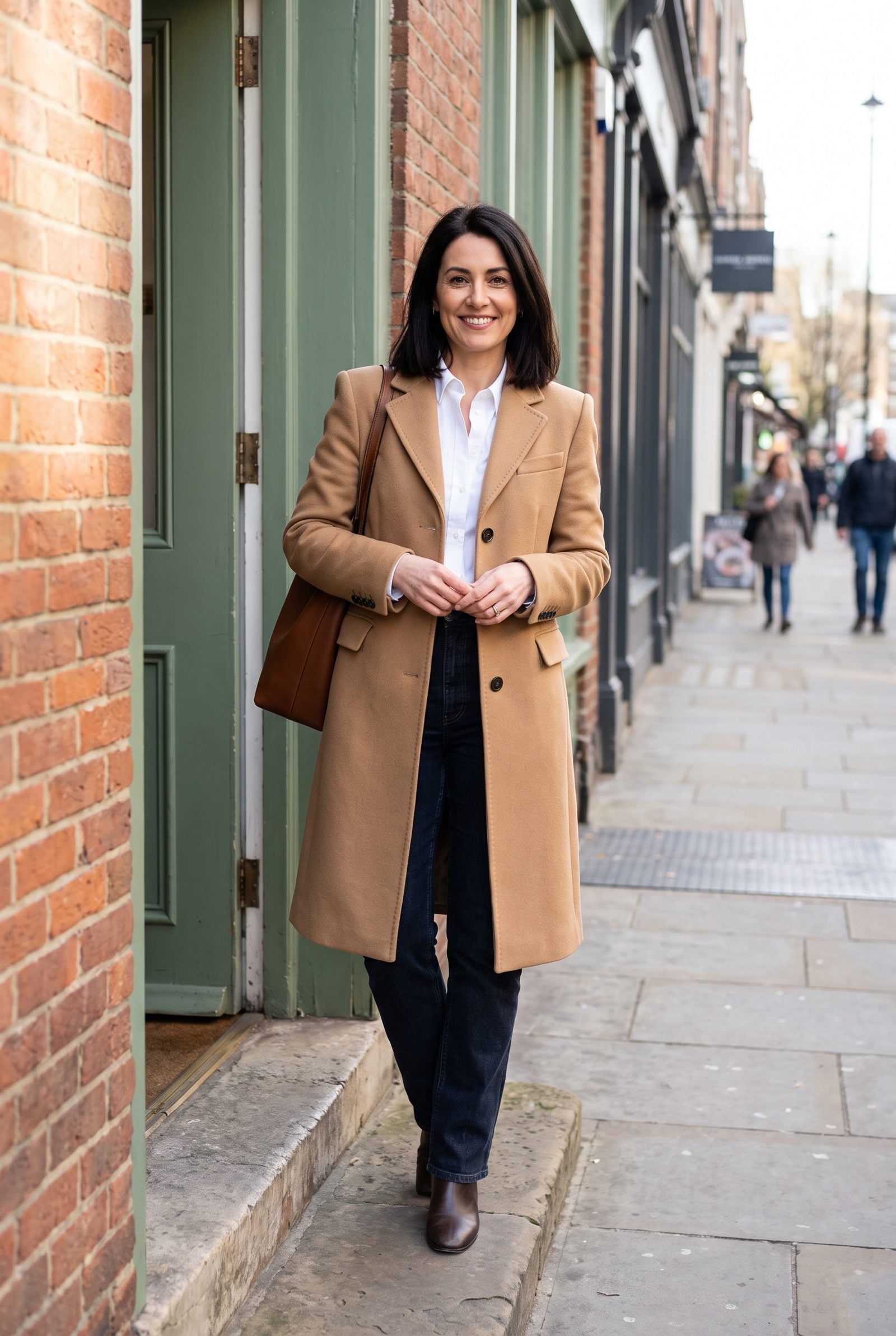 Woman in a structured camel wool coat with defined shoulders standing in a street doorway, leather tote over one shoulder.