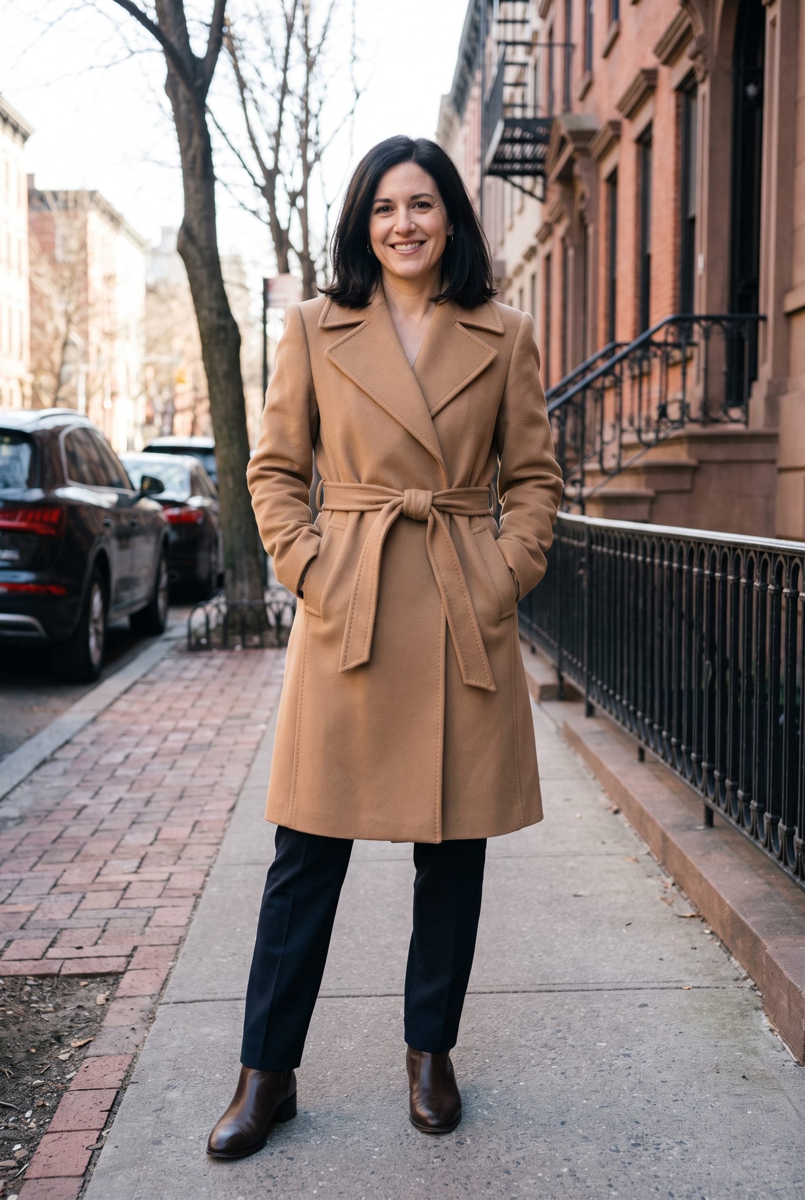 Woman in a knee-length camel wool coat with a tied belt standing on a city sidewalk.