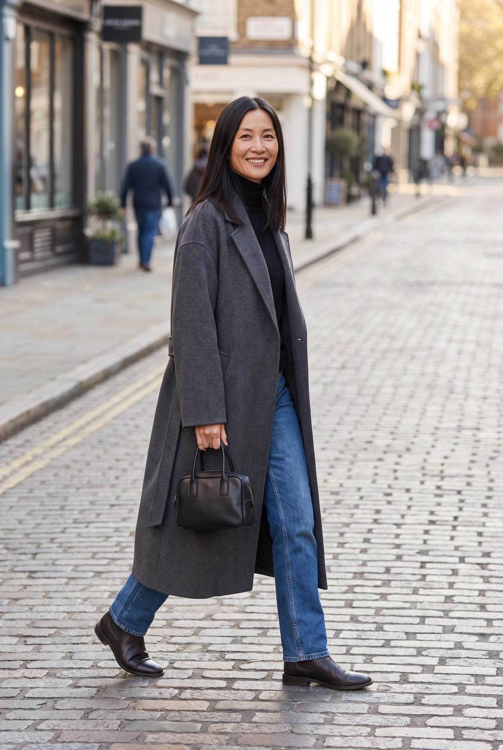 Woman in a long charcoal wool coat worn open over a black turtleneck crossing a street mid-stride.