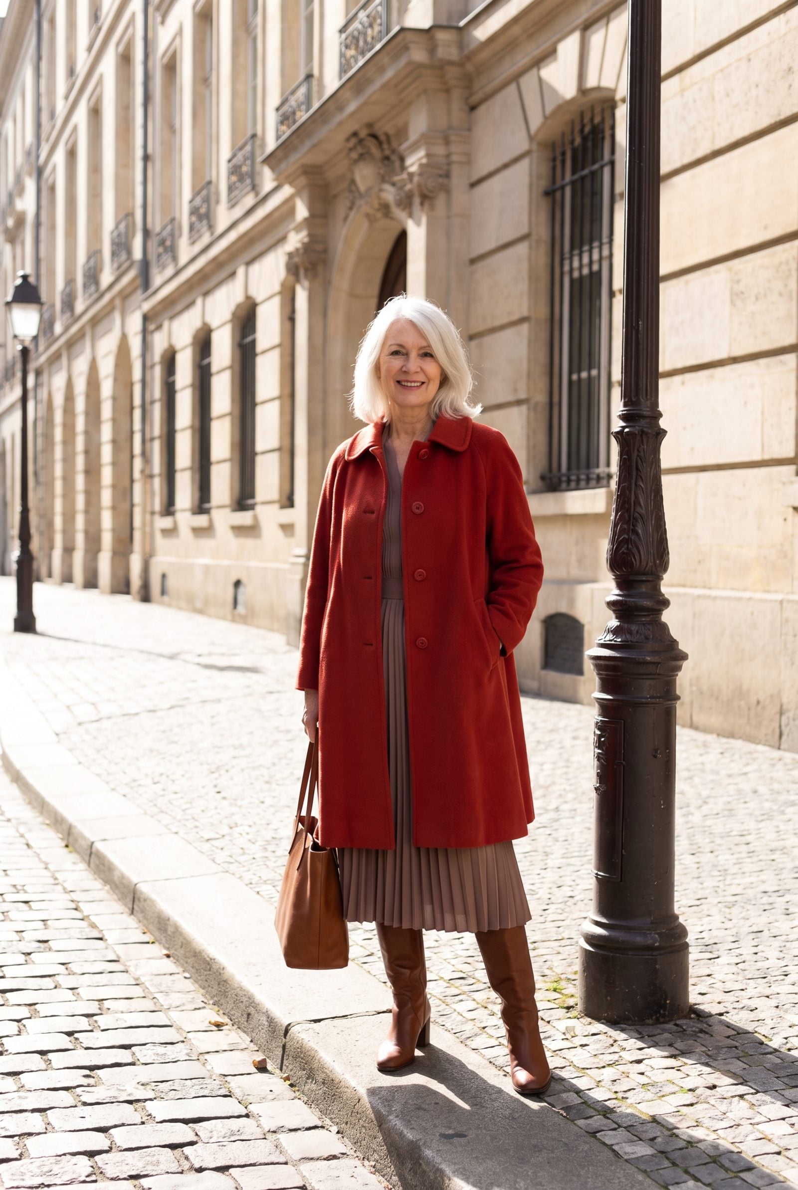 Red wool swing coat with large round buttons hanging on a wall hook beside a dresser and window.