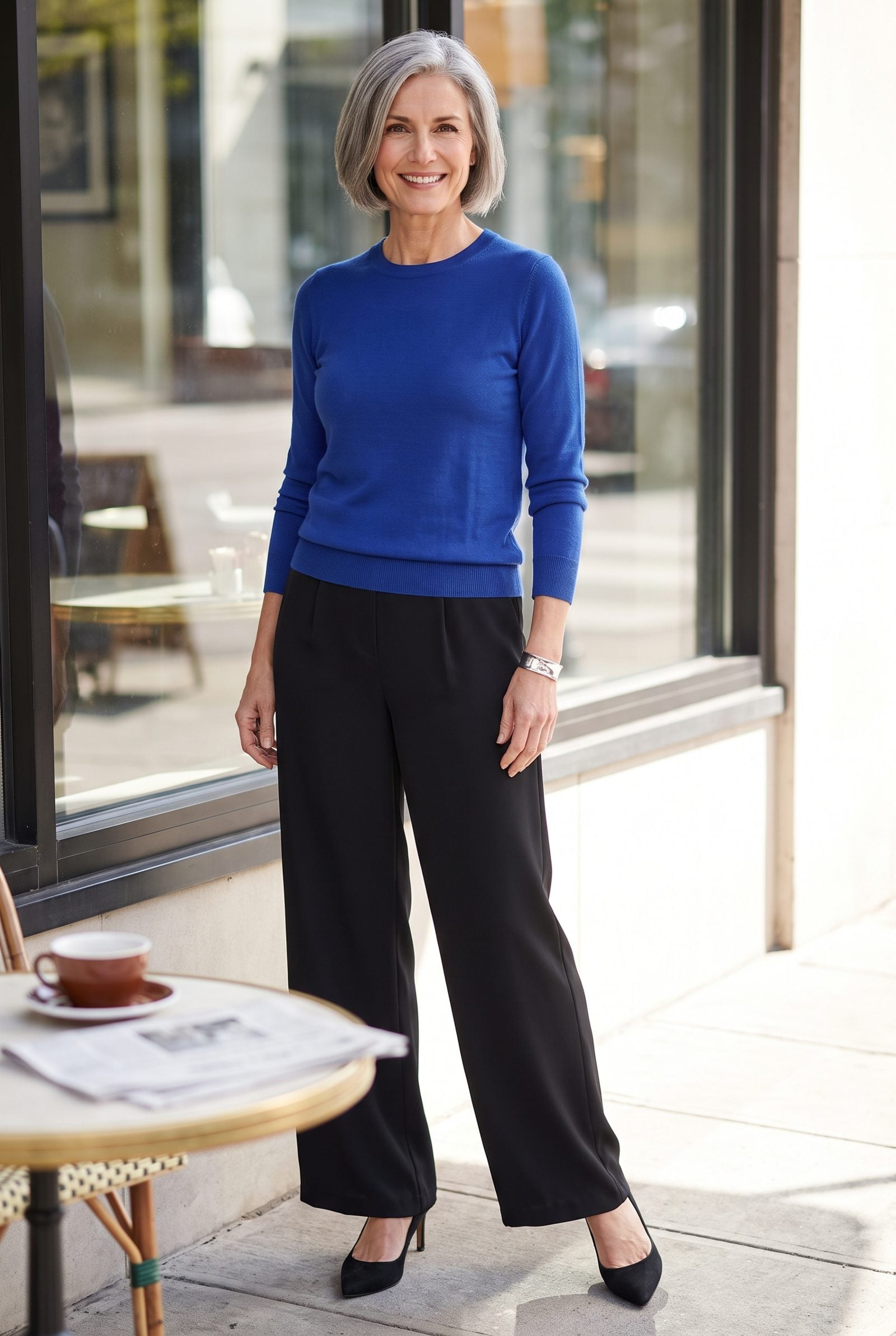 Cobalt Crewneck + Black Fluid Palazzo Pants