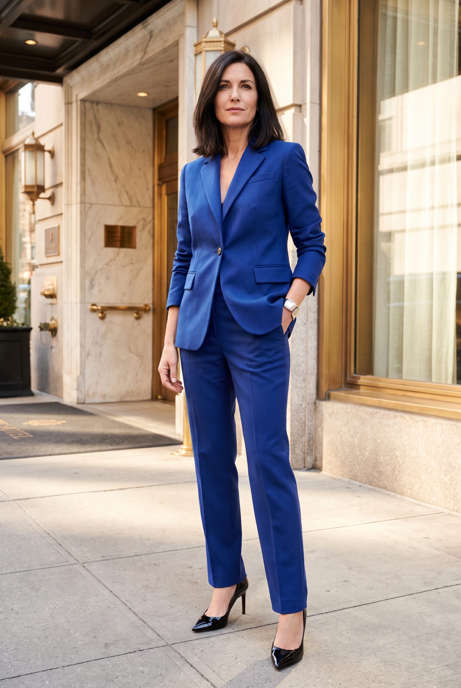 Cobalt Pantsuit With Pointed Pumps