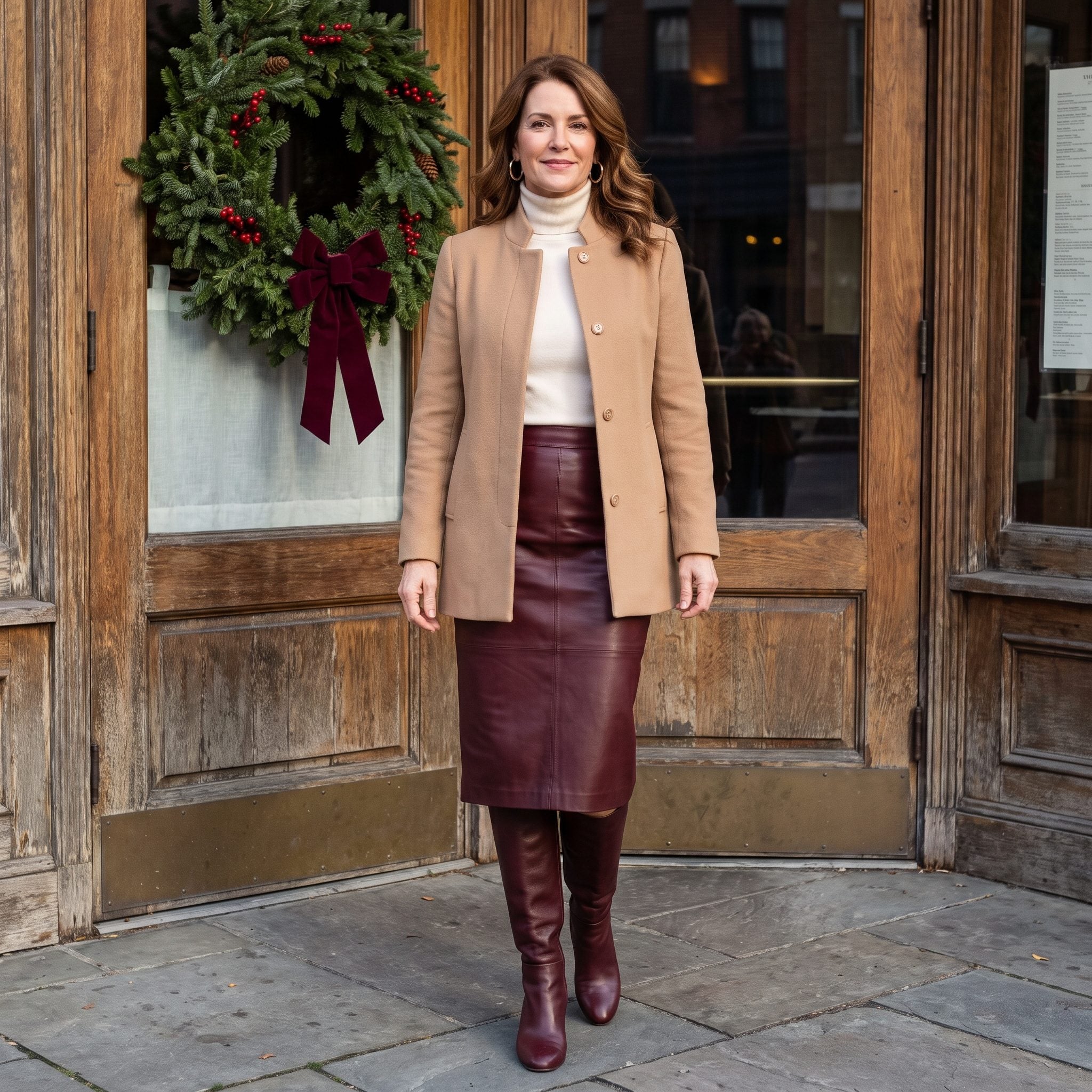 Collarless camel coat over a cream cashmere turtleneck and oxblood leather skirt