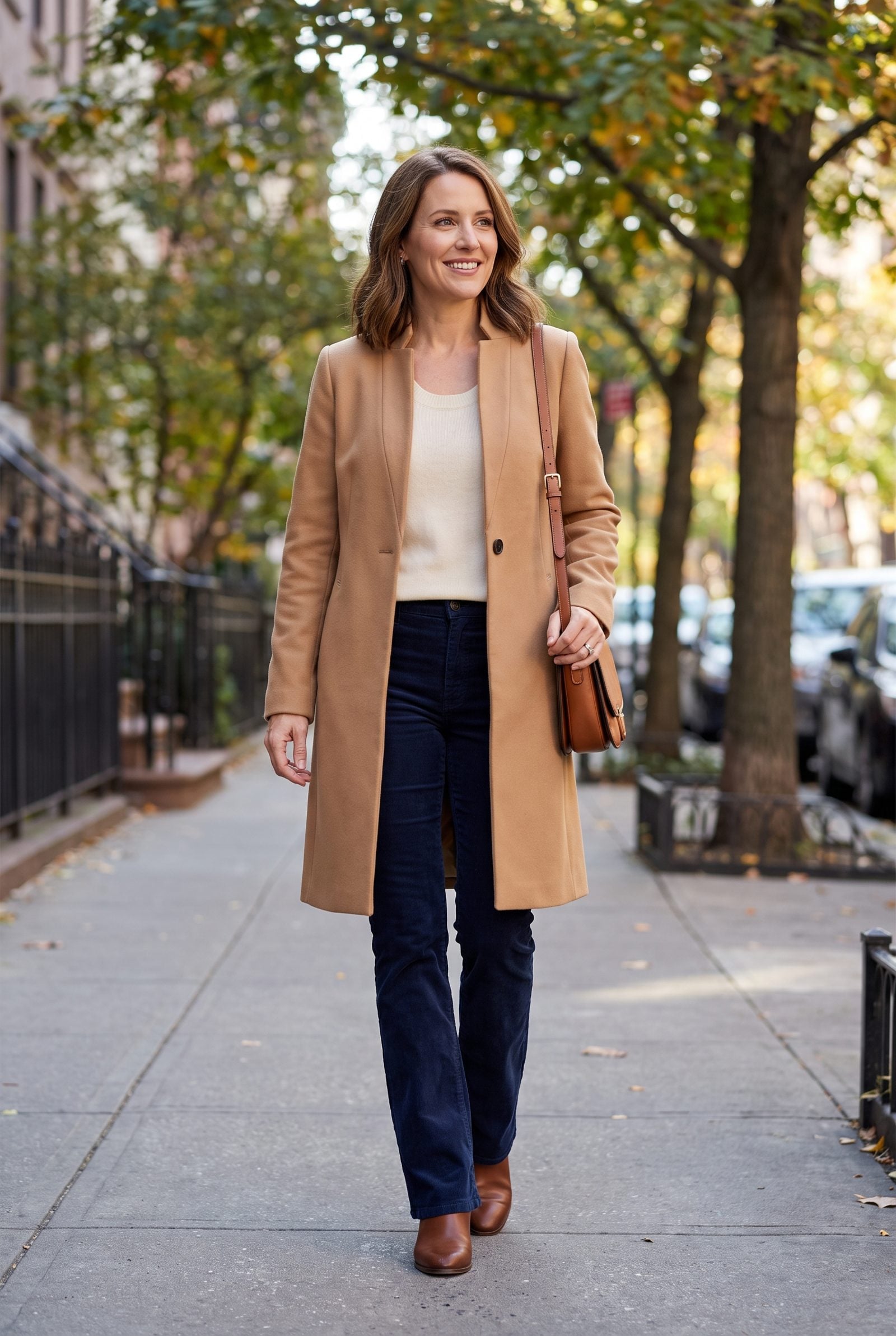 Collarless Coat With a Scoop-Neck Knit and Bootcut Pants