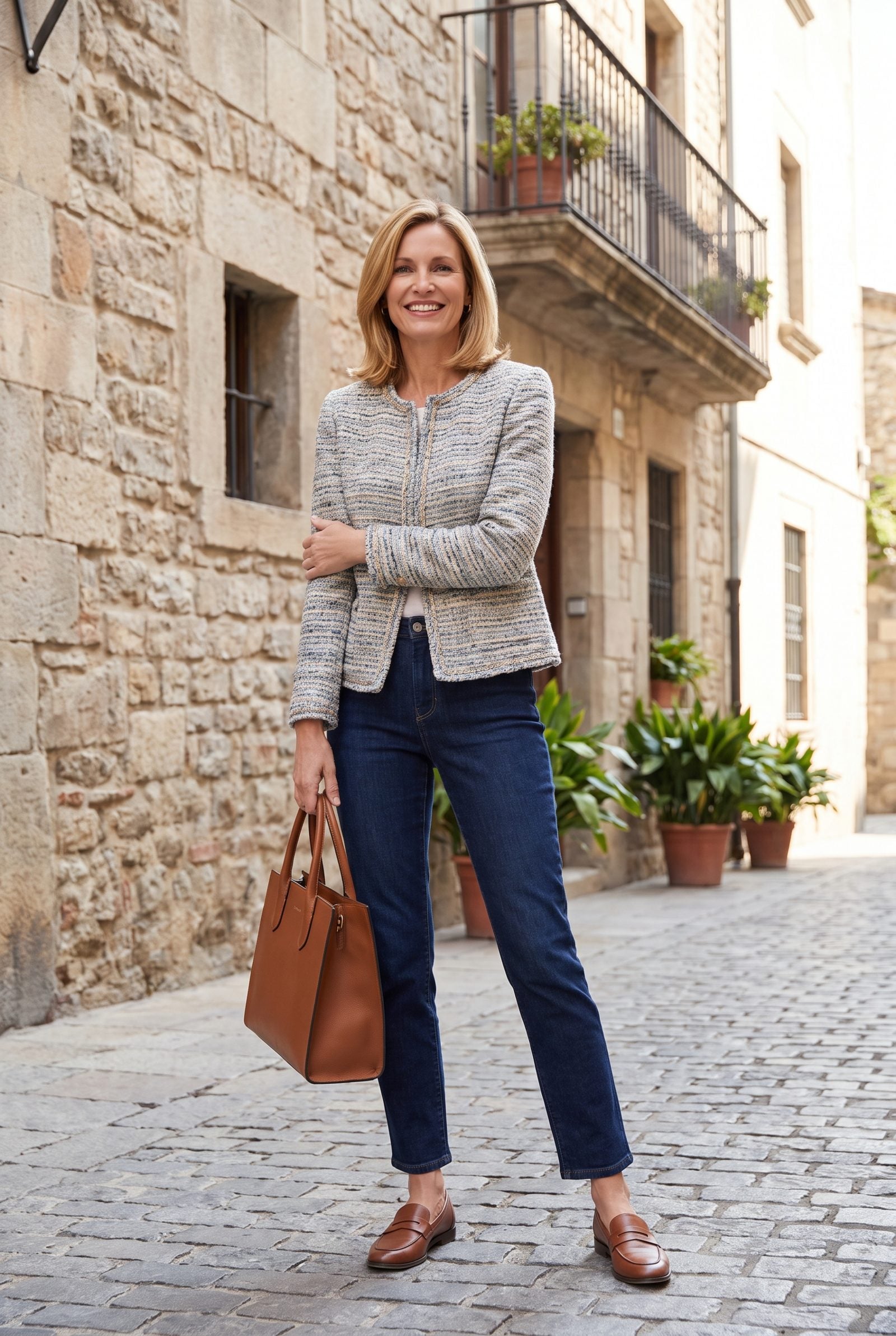 Collarless Tweed Jacket With Ankle-Length Cigarette Jeans